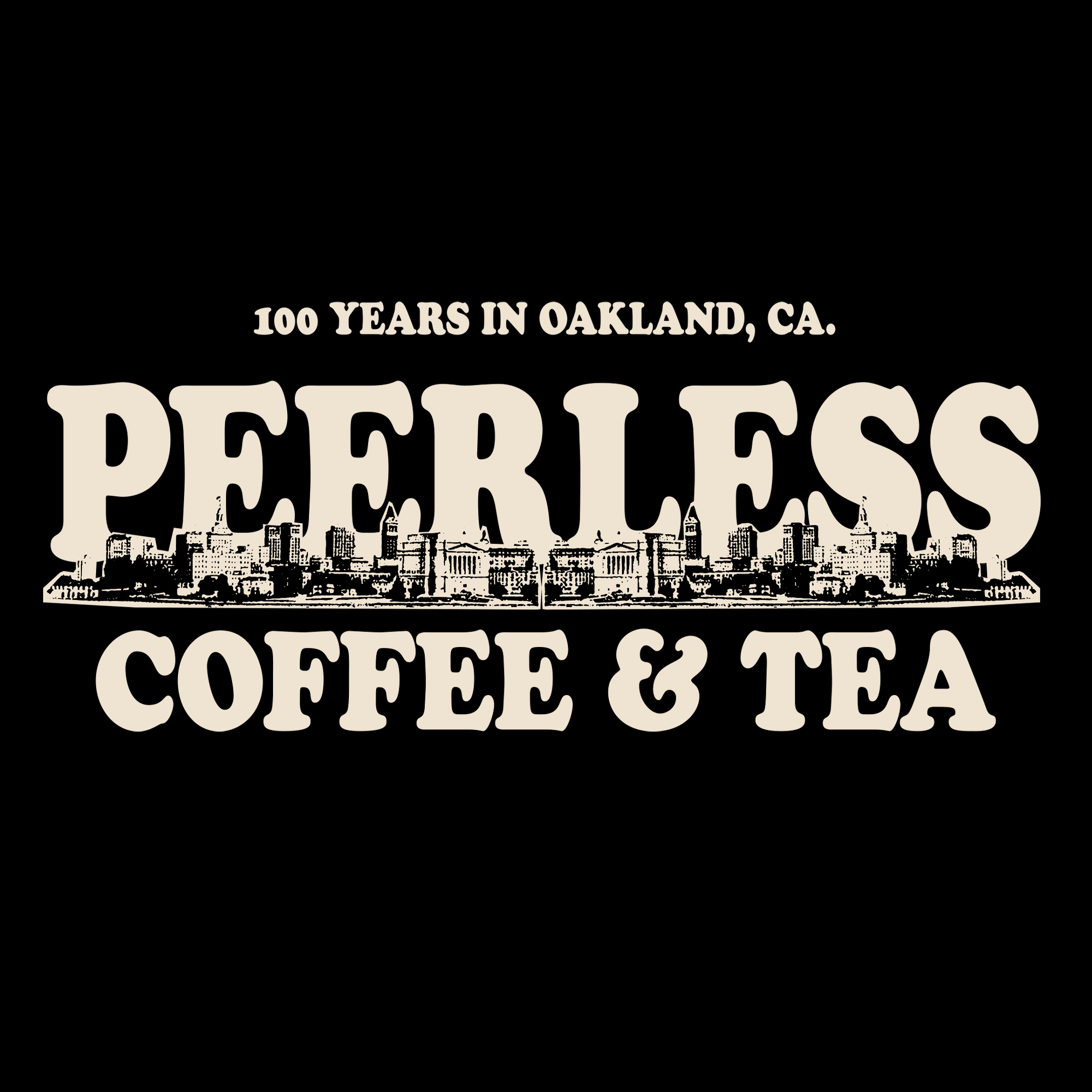 The design of the Peerless Skyline Tee by Oaklandish features the logo of Peerless Coffee & Tea with "100 Years in Oakland, CA," set against a vintage sepia-toned cityscape of Oakland. It includes bold, classic lettering that celebrates the unique spirit of Oaklandish and highlights its historical buildings.