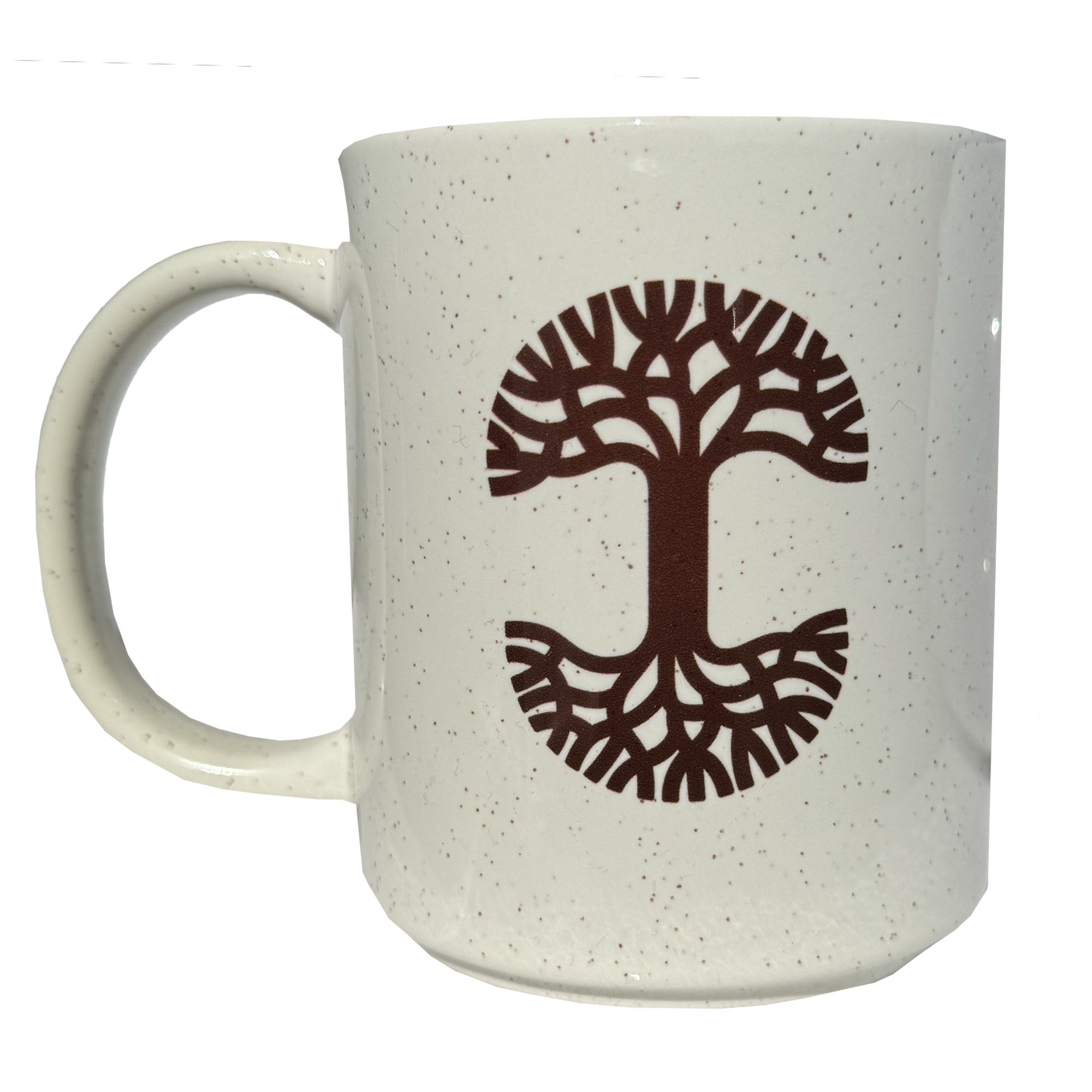 The Love Life Poppies Mug by Oaklandish is a white speckled ceramic coffee mug adorned with a stylish brown tree design. The branches elegantly extend at the top while the roots spread out below, creating a circular pattern in the center. The handle is artfully positioned on the left side of this distinctive drinkware.