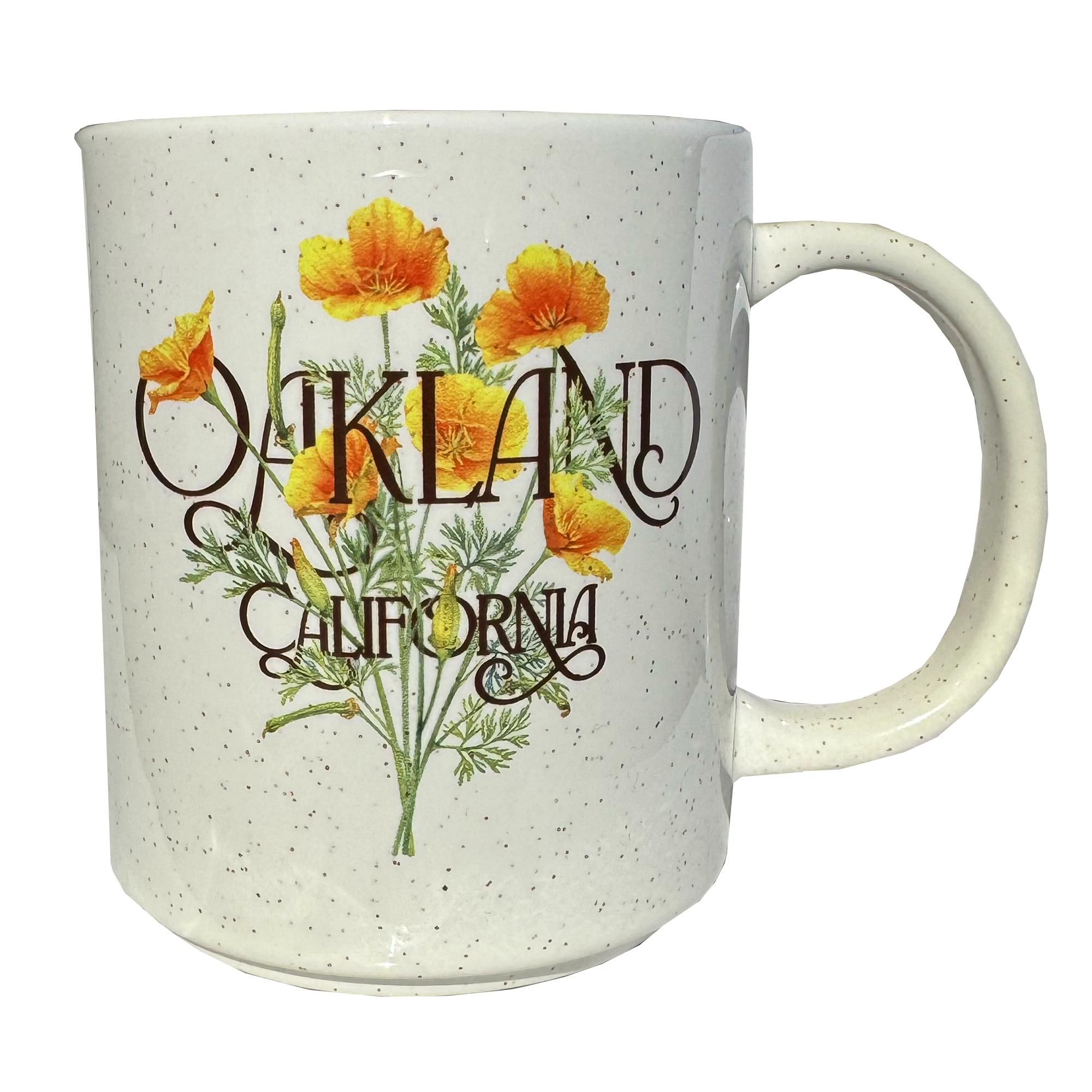 The Love Life Poppies Mug by Oaklandish is a 14 oz speckle coffee mug that showcases a vibrant illustration of orange California poppies. Designed with elegant dark lettering, it features the words "Oakland California" overlaying the floral design. This ceramic drinkware piece includes a smooth, curved handle on the right side.