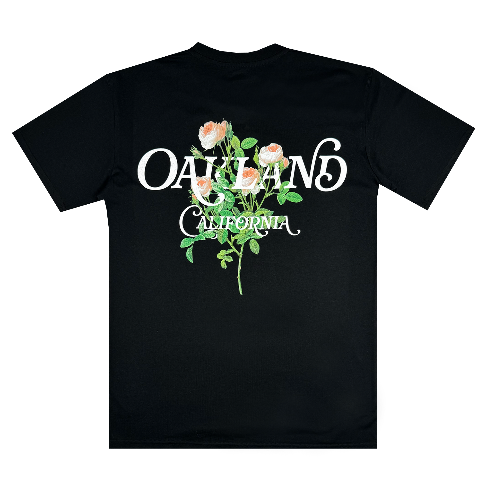 The Posy Tee from Oaklandish, part of the men's collection, is a black cotton T-shirt adorned with white stylized text displaying "OAKLAND" above the smaller "CALIFORNIA." The design is beautifully enhanced by an illustration of pink roses with green leaves, elegantly centered on the back.