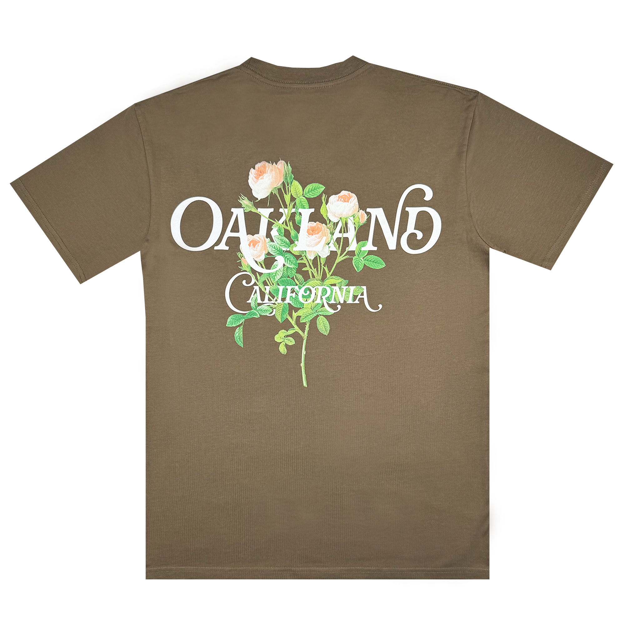 The Posy Tee from Oaklandish, part of our exclusive collection, features "Oakland California" in stylized white text on the back, complemented by a charming design of three blooming roses with green stems and leaves.