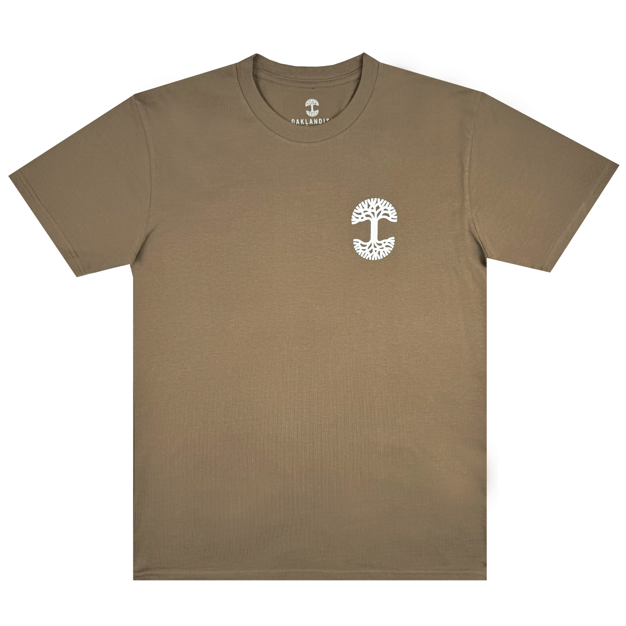 The Posy Tee by Oaklandish is a brown T-shirt crafted from soft cotton, featuring a small white tree logo on the left chest and a round neckline. The word "ANALOGY" is printed inside the collar above the logo. As part of our latest collection, this laid-flat T-shirt is showcased against a white background.