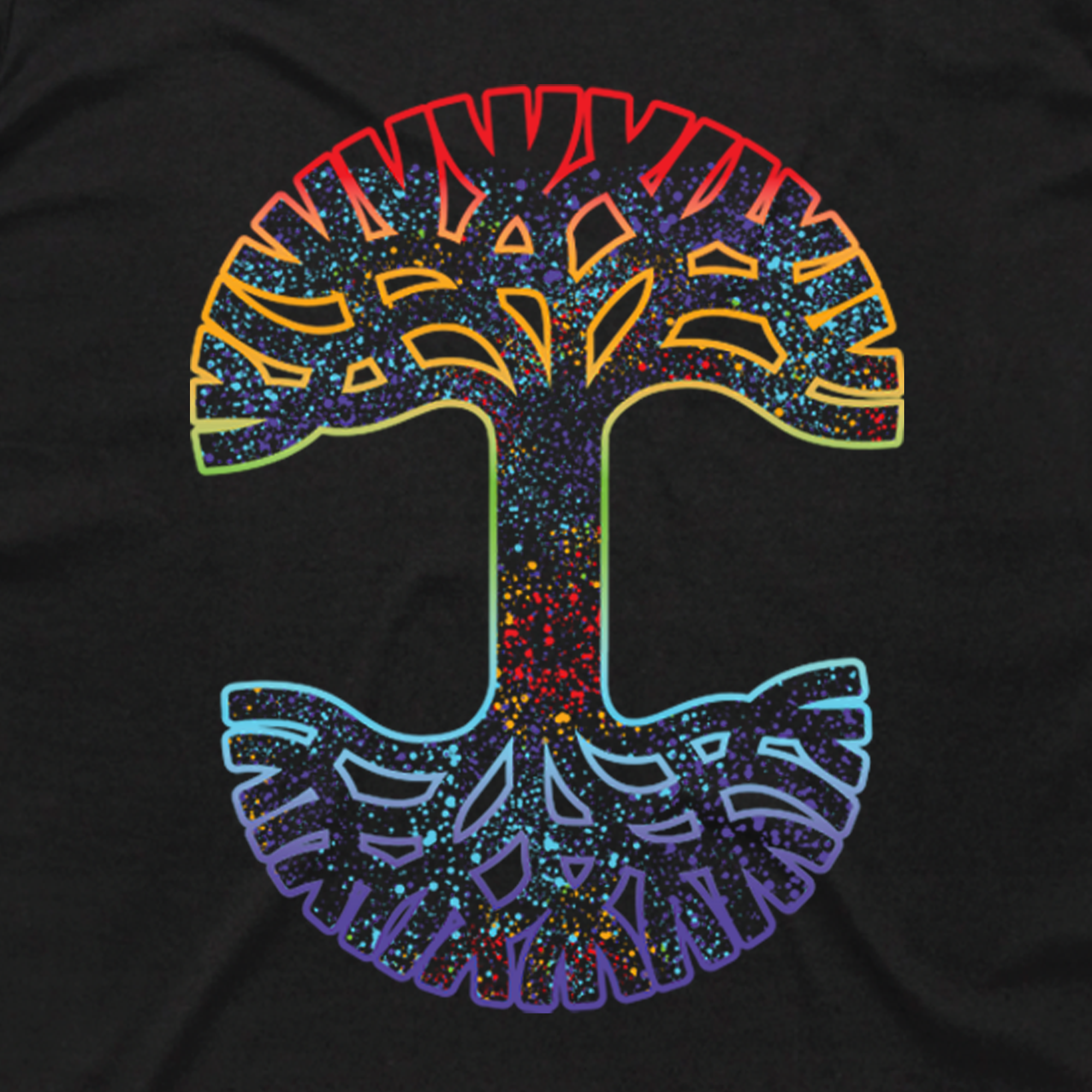 The Prism Tee by Oaklandish features a stylized tree design resembling the letter "T," with colorful branches set against a black background. Its red and yellow top transitions to blue at the bottom, and the interior showcases a starry speckled pattern, offering a perfect classic fit.