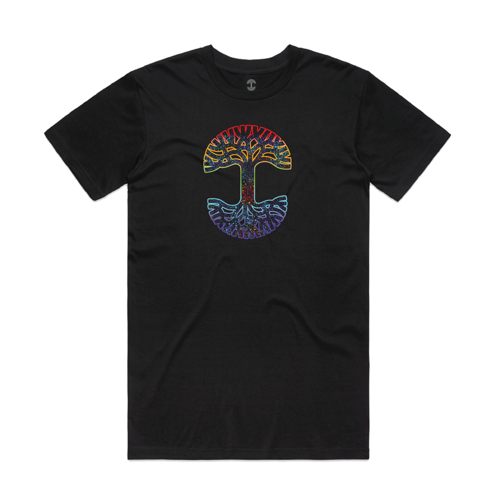 Oaklandish's Prism Tee is a classic fit black T-shirt featuring a vibrant tree design at the center. The tree, depicted in orange, yellow, and blue hues, forms circular branches with mirrored roots, creating a striking contrast against the solid black fabric.