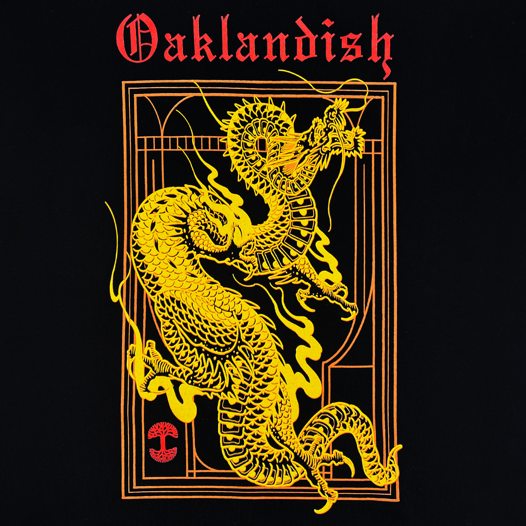 The Prosperity Tee by Oaklandish sports a vivid design of a fierce dragon and tiger locked in combat, intricately depicted with bold yellow lines. Atop the scene, "Oaklandish" is written in ornate red lettering. A small red tree emblem, signifying prosperity and peace, is placed at the bottom left corner of the black background.