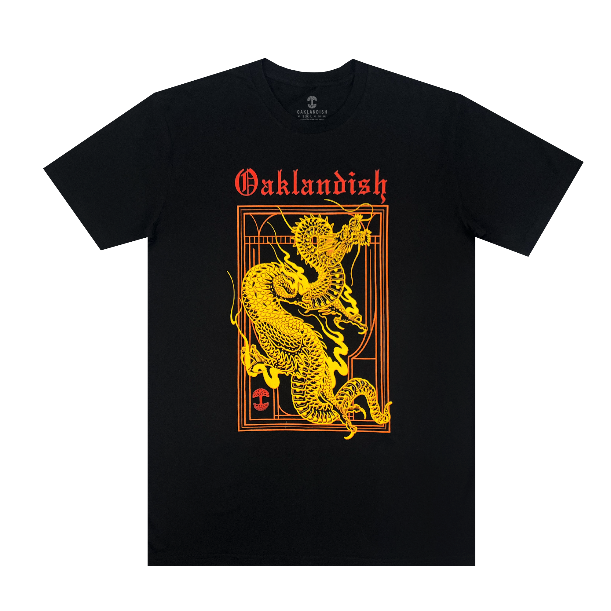 The Prosperity Tee by Oaklandish features a classic fit with a black background. It displays a detailed yellow and orange dragon graphic enclosed within a rectangular box, with the word "Oaklandish" boldly highlighted in stylized orange above the dragon, representing peace and prosperity through its intricate design and vibrant colors.