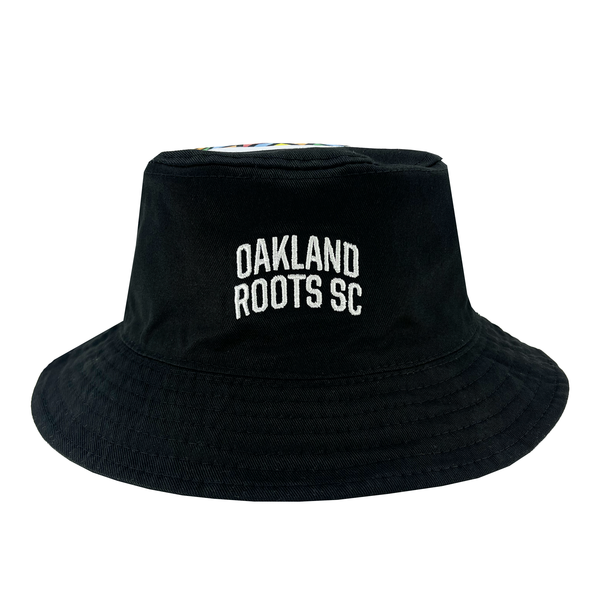 A black reversible bucket hat named the "Oakland Soul & Roots SC Reversible Bucket" by Oakland Roots SC, featuring "OAKLAND ROOTS SC" embroidered in white on the front. The hat has a classic brim and appears to be made of a fabric material, with a smooth, slightly structured crown. The background is white, highlighting the hat's details.