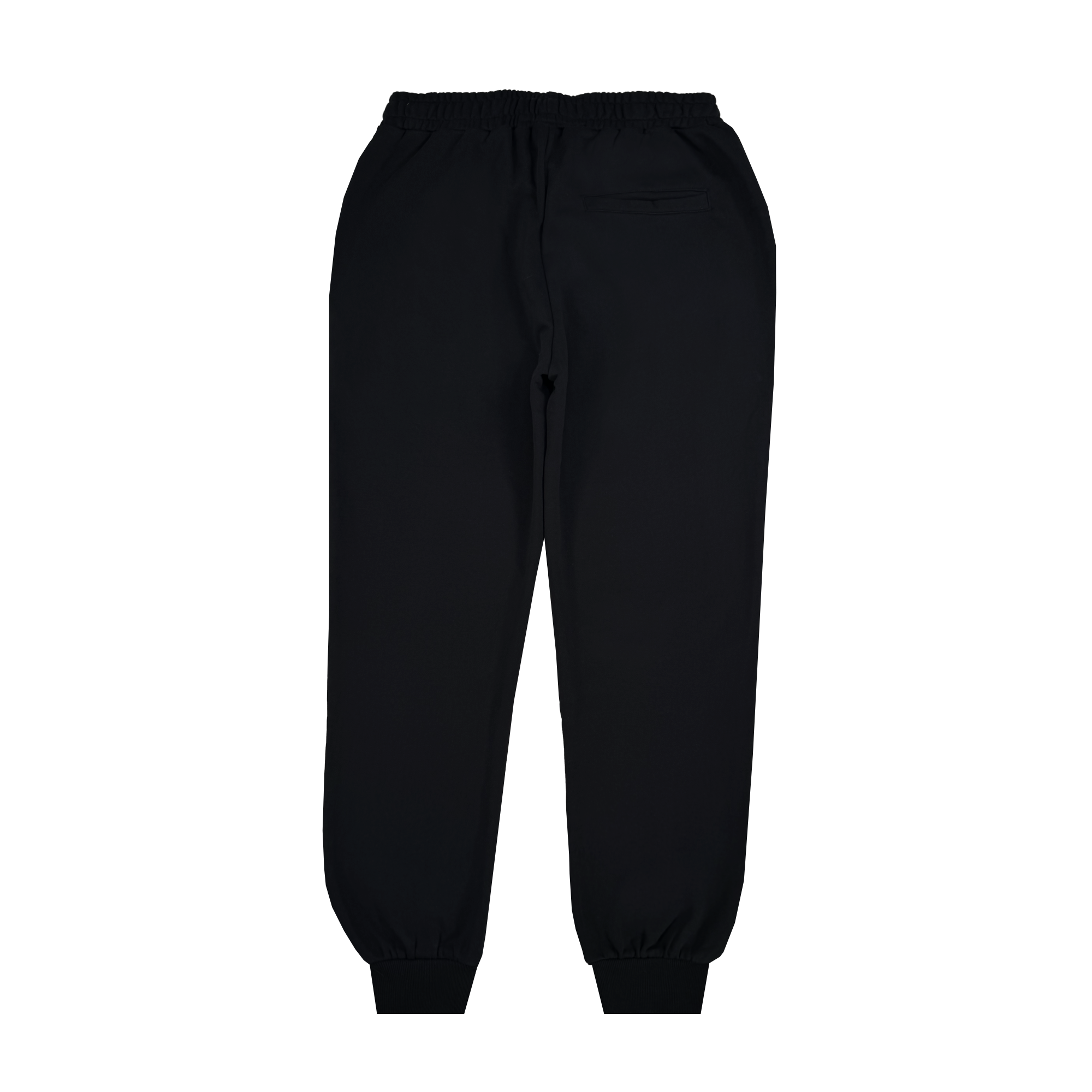 The Oaklandish Roble Joggers for men are black with an elastic waistband and ankle cuffs, featuring a sleek design and a small pocket on the back right side, all set against a plain white background.