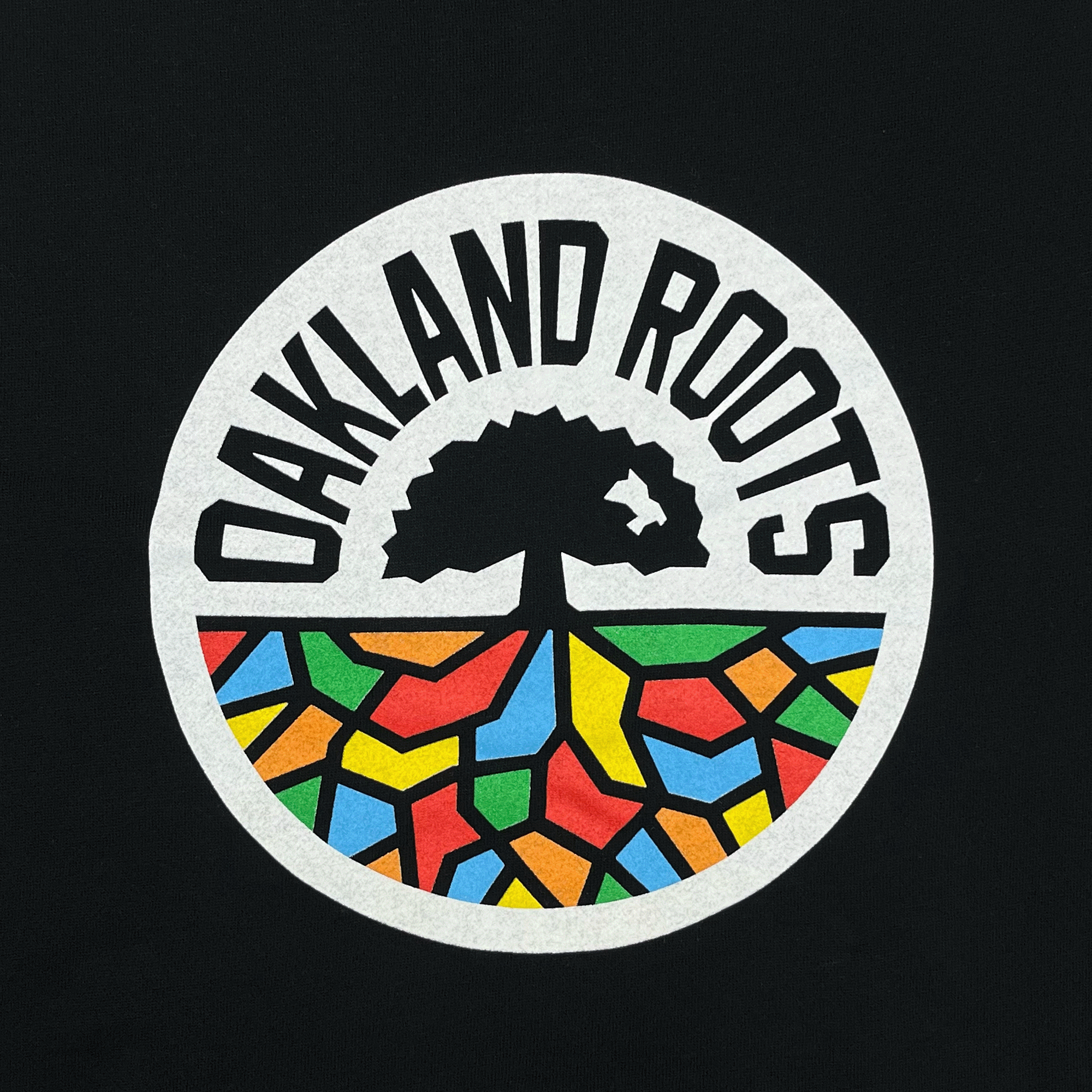 The Oakland Roots SC Logo 2.0 Hoodie by Oakland Roots SC showcases a circular logo with a bold white border, featuring a black tree with exposed roots at the center that embodies the ethos of the club. Above the tree is the curved text "OAKLAND ROOTS," while below, the roots extend into a vibrant mosaic pattern. The black background makes this hoodie perfect for celebrating your favorite sports club in true Oaklandish style.