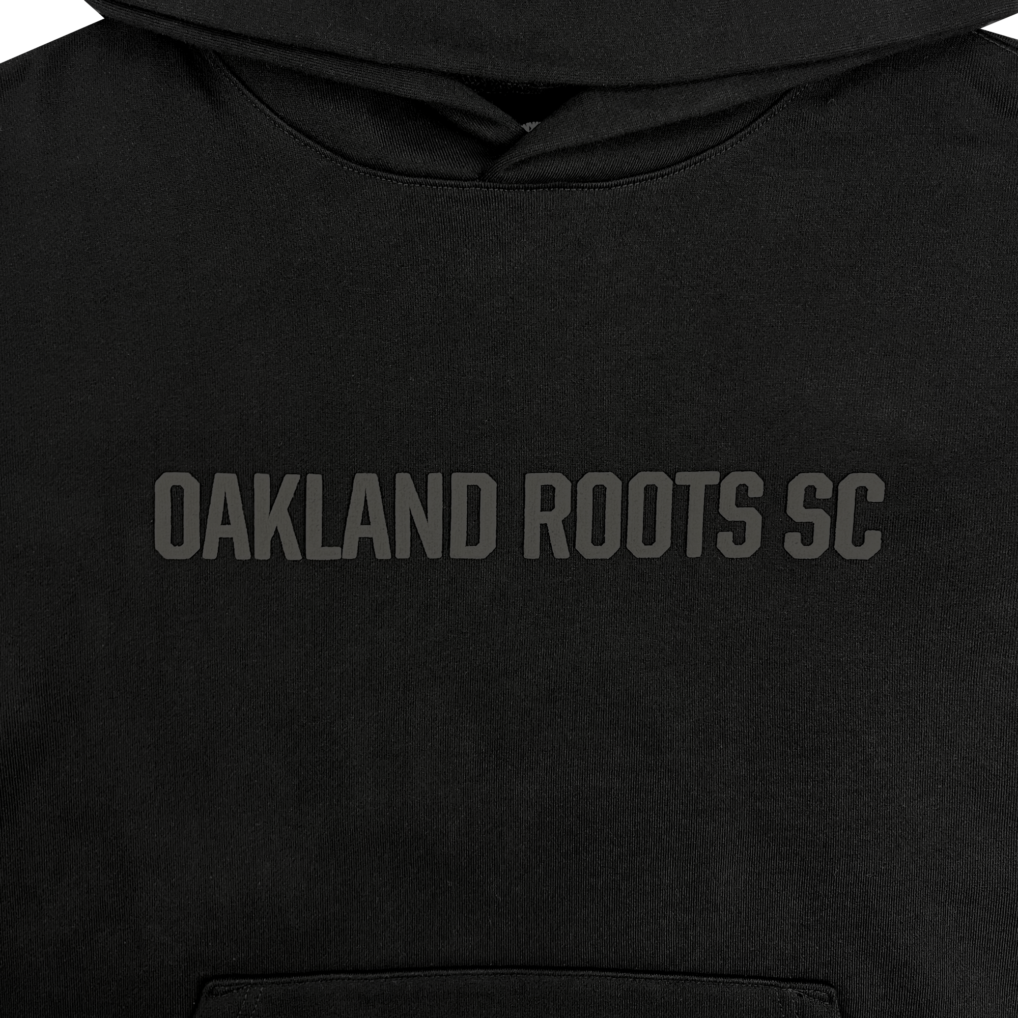 The Oakland Roots SC Ascetic Hoodie, in black, prominently displays "OAKLAND ROOTS SC" in bold, dark gray capital letters across the chest. Crafted from organic cotton, the fabric has a soft appearance and features a visible kangaroo pocket at the bottom. The design maintains simplicity and monochromatic elegance, emphasizing the lettering and evoking an Oaklandish vibe.