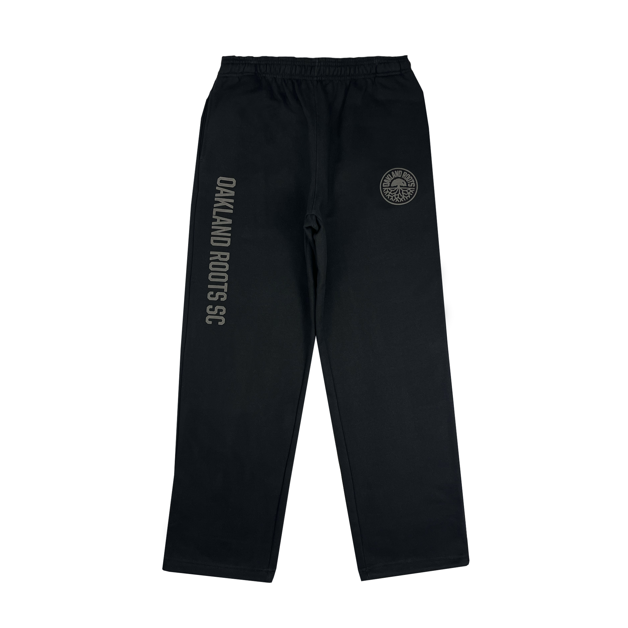 Front view of black cotton sweatpants with tonal imprints of Oakland Roots SC down right leg and Oakland Roots SC crest near left pocket.