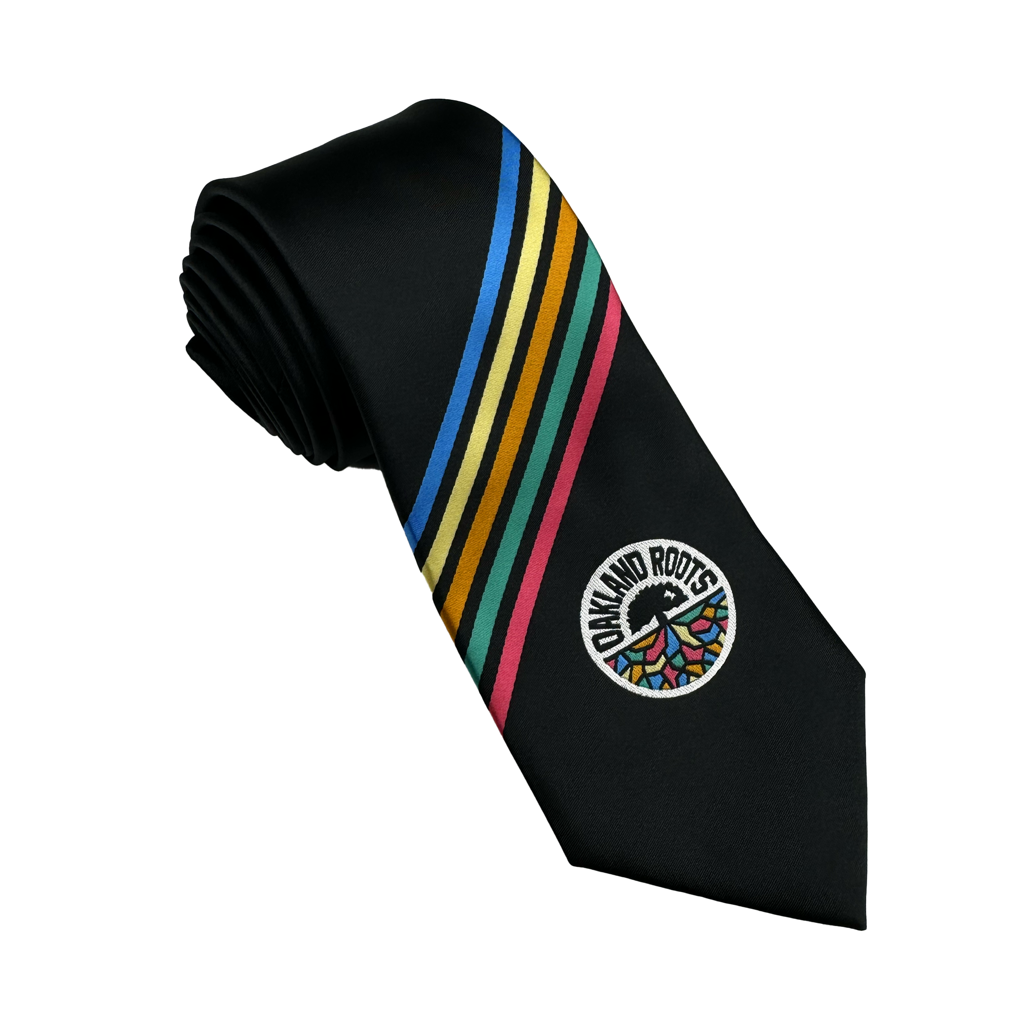 The Oakland Roots SC Tie by Oakland Roots SC is a black necktie adorned with diagonal stripes in blue, gold, green, red, and white. It features the iconic Oakland Roots emblem—a circular logo with stylized trees and "Oakland Roots"—highlighting its dedication to social good. A hint of Oaklandish flair near the bottom adds the finishing touch to the design.