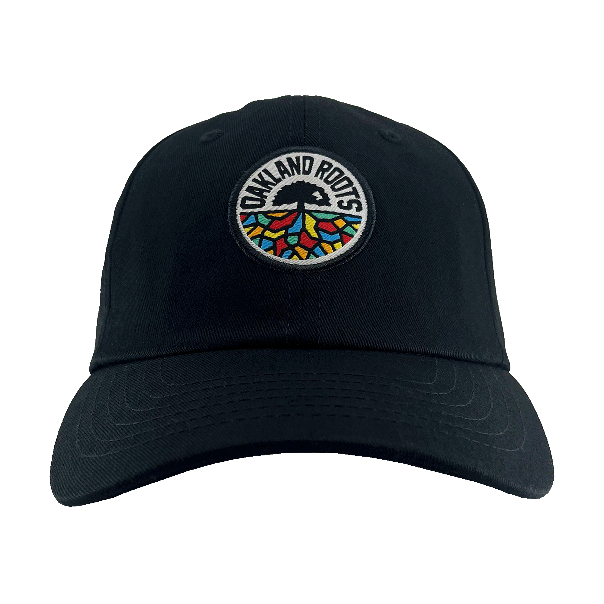 Introducing the Oakland Roots SC Logo Curved Visor Hat from Oakland Roots SC—a stylish black baseball cap featuring a striking embroidered logo of a tree with rooted branches presented in a vibrant mosaic style. The text "OAKLAND ROOTS" elegantly encircles the tree, symbolizing the sports club's dedication to social good. This cap also boasts a curved brim and detailed stitching along both the front panel and brim.