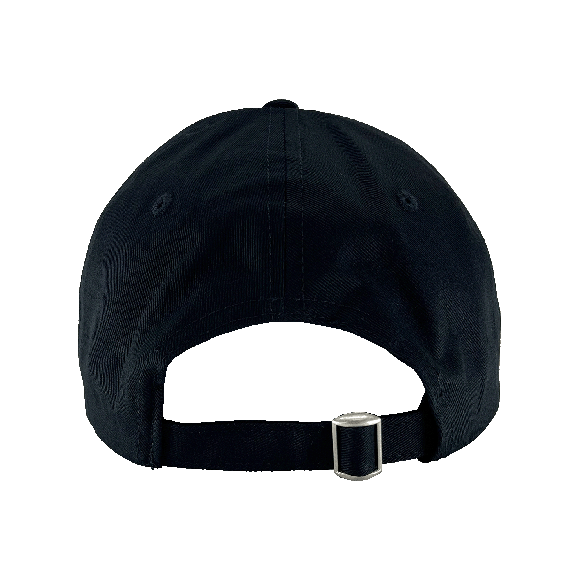 The Oakland Roots SC Logo Curved Visor Hat is displayed from the back, showcasing its black design, curved brim, and fabric adjustment strap with a metal buckle for size adjustments. The cap features a circular opening above the strap, making it perfect for fitting over a ponytail. A green backdrop highlights its connection to Oakland Roots SC.