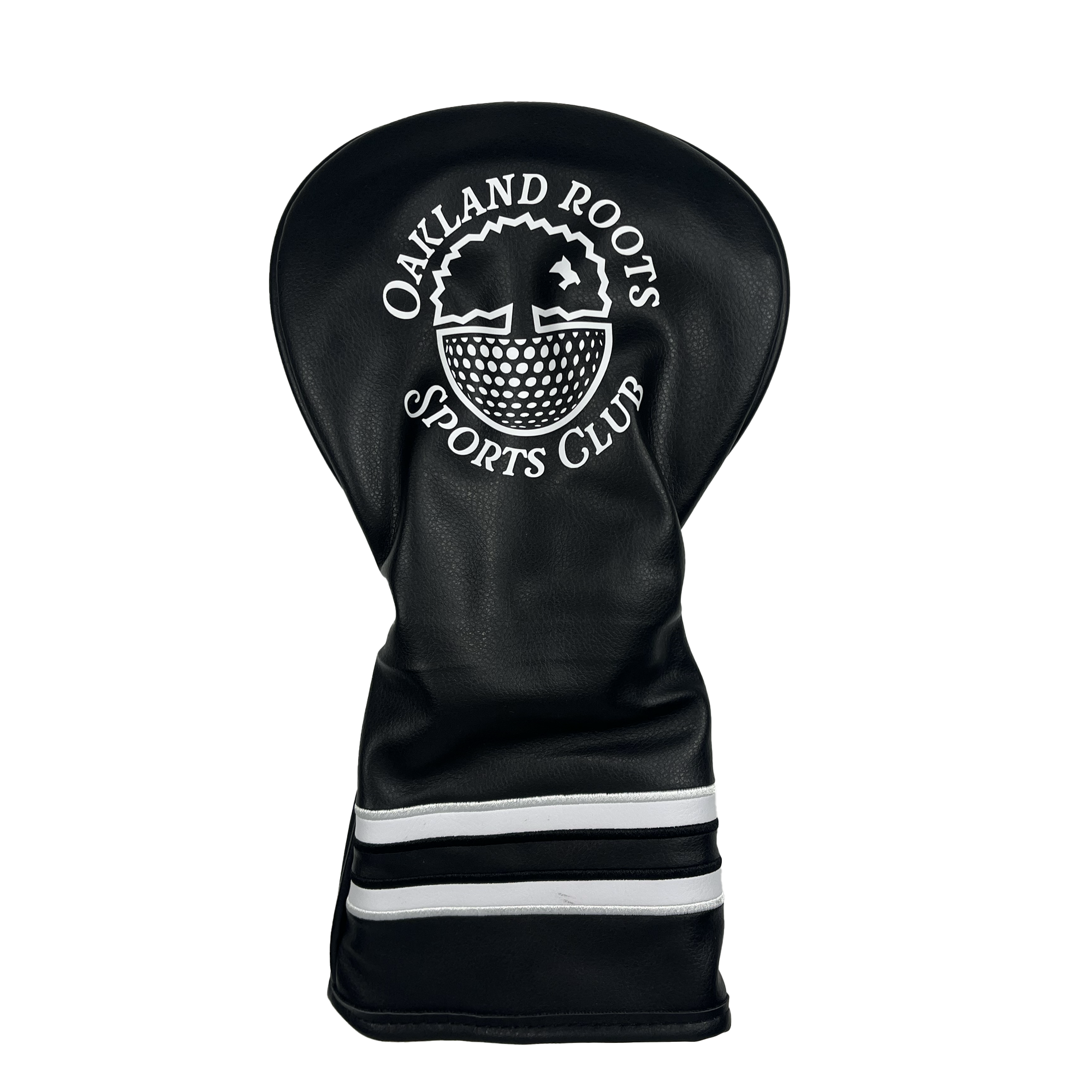 Introducing the Heritage Driver Headcover from Oakland Roots SC! This sleek black headcover features two striking white horizontal stripes near the bottom and proudly displays the Oakland Roots Sports Club logo. The design includes a stylized tree with roots above a semi-circle pattern and elegantly curved white text around the logo. Show your support for social good and local sports with this must-have accessory!