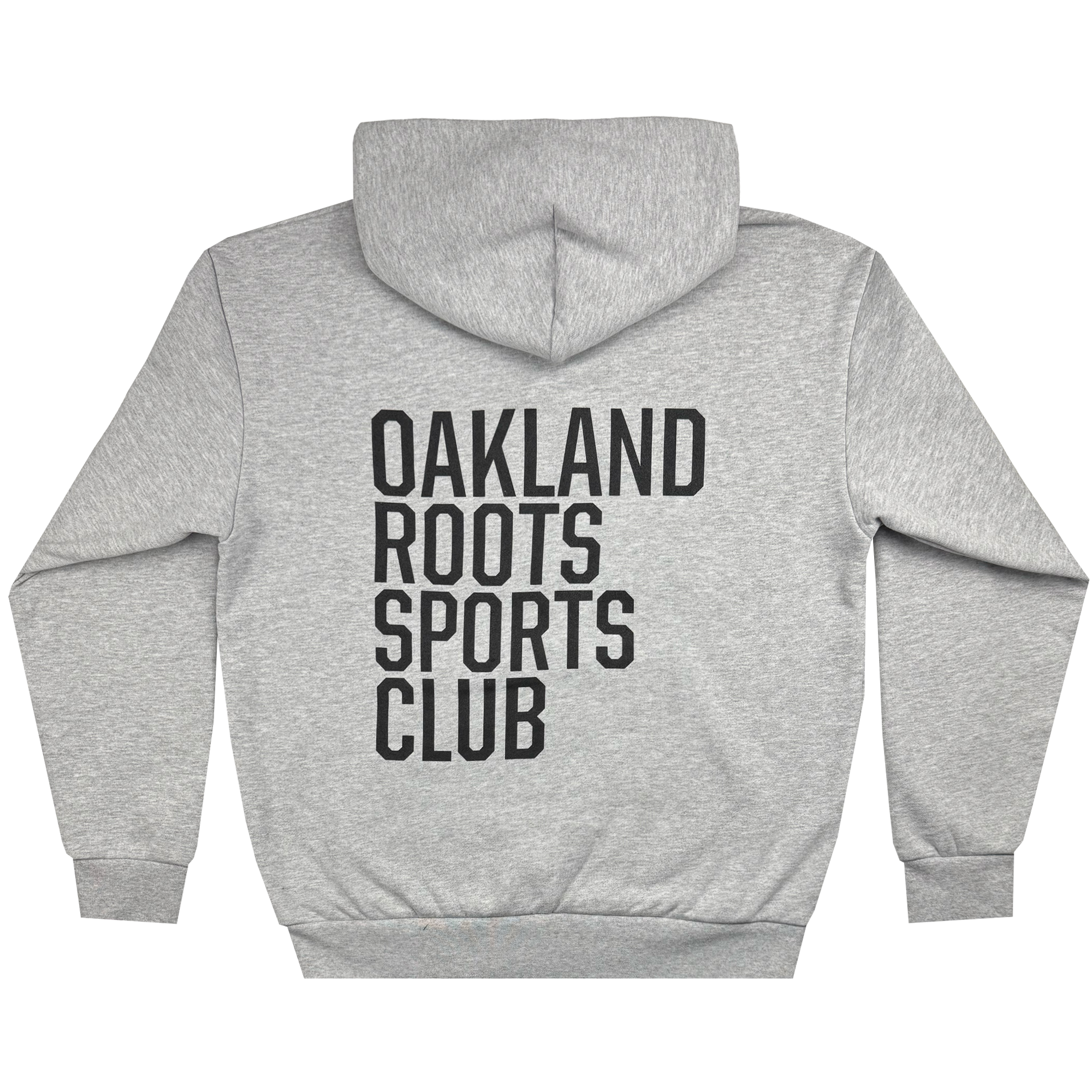 The Oakland Roots SC Heavy Hoodie by Oakland Roots SC is a gray hoodie featuring the bold "OAKLAND ROOTS SPORTS CLUB" print on the back. It includes a hood and long sleeves, offering a simple, casual design perfect for cool weather.