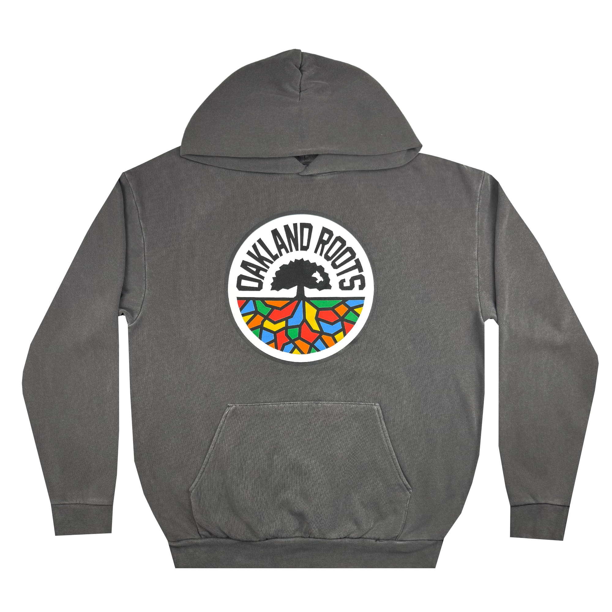 The Oakland Roots SC Heavy Hoodie by Oakland Roots SC features a front pocket and prominently showcases the "OAKLAND ROOTS" logo. The sports club's emblem includes a black tree with roots over a semi-circle in vibrant blue, orange, green, and yellow shades, with the text elegantly arching above the tree.