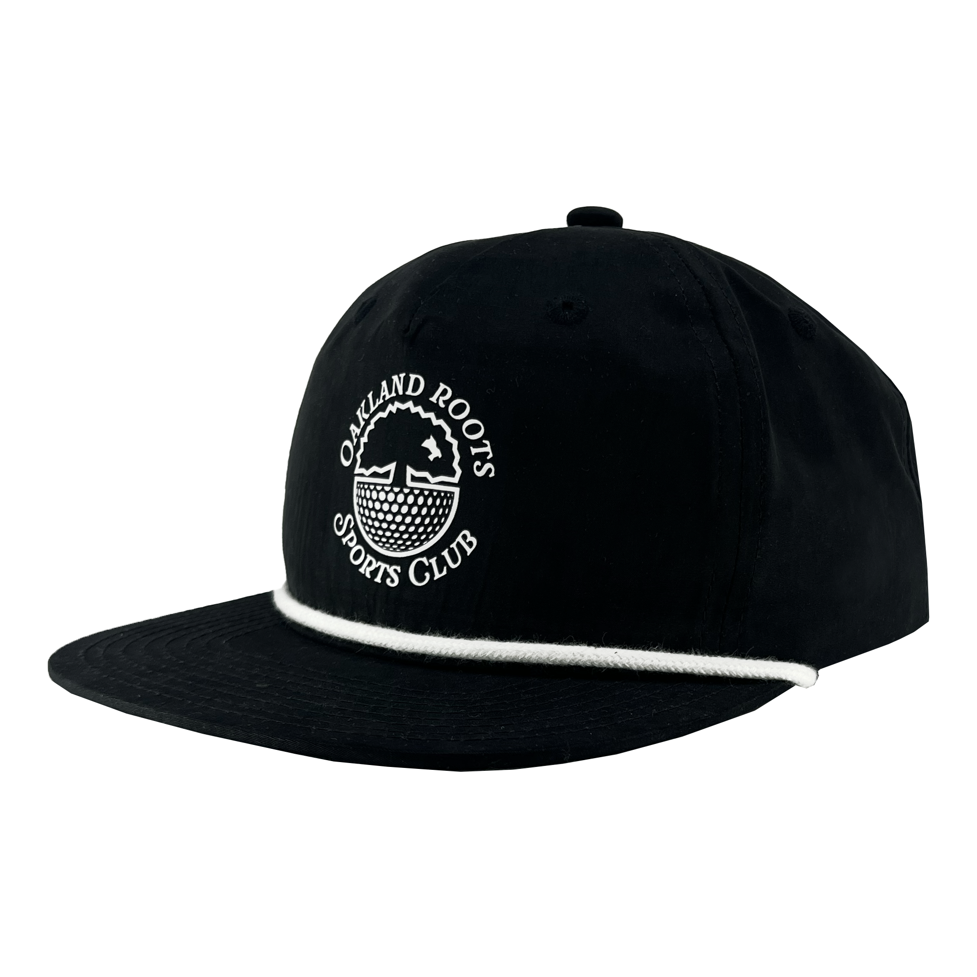 The Heritage Cap from Oakland Roots SC is a black baseball cap featuring "Oakland Roots Sports Club" embroidered in white on the front panel and a circular tree logo. It includes a flat brim and a white rope detail across the base of the crown. Positioned on a white background, it is angled slightly to the right.