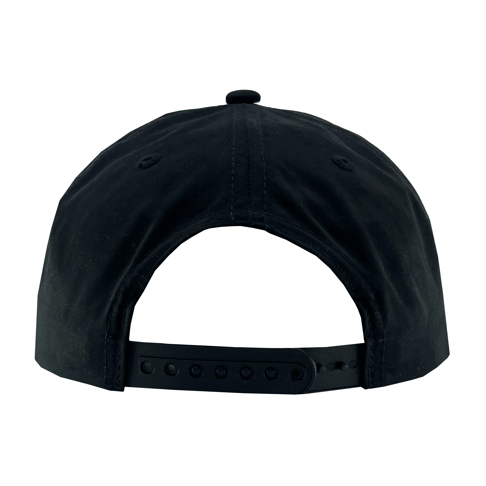 A Heritage Cap by Oakland Roots SC viewed from the back, showcasing a curved brim, a button on top, and an adjustable snapback strap with multiple sizing holes. The smooth, solid fabric reflects the timeless simplicity cherished by Oakland Roots sports club members.