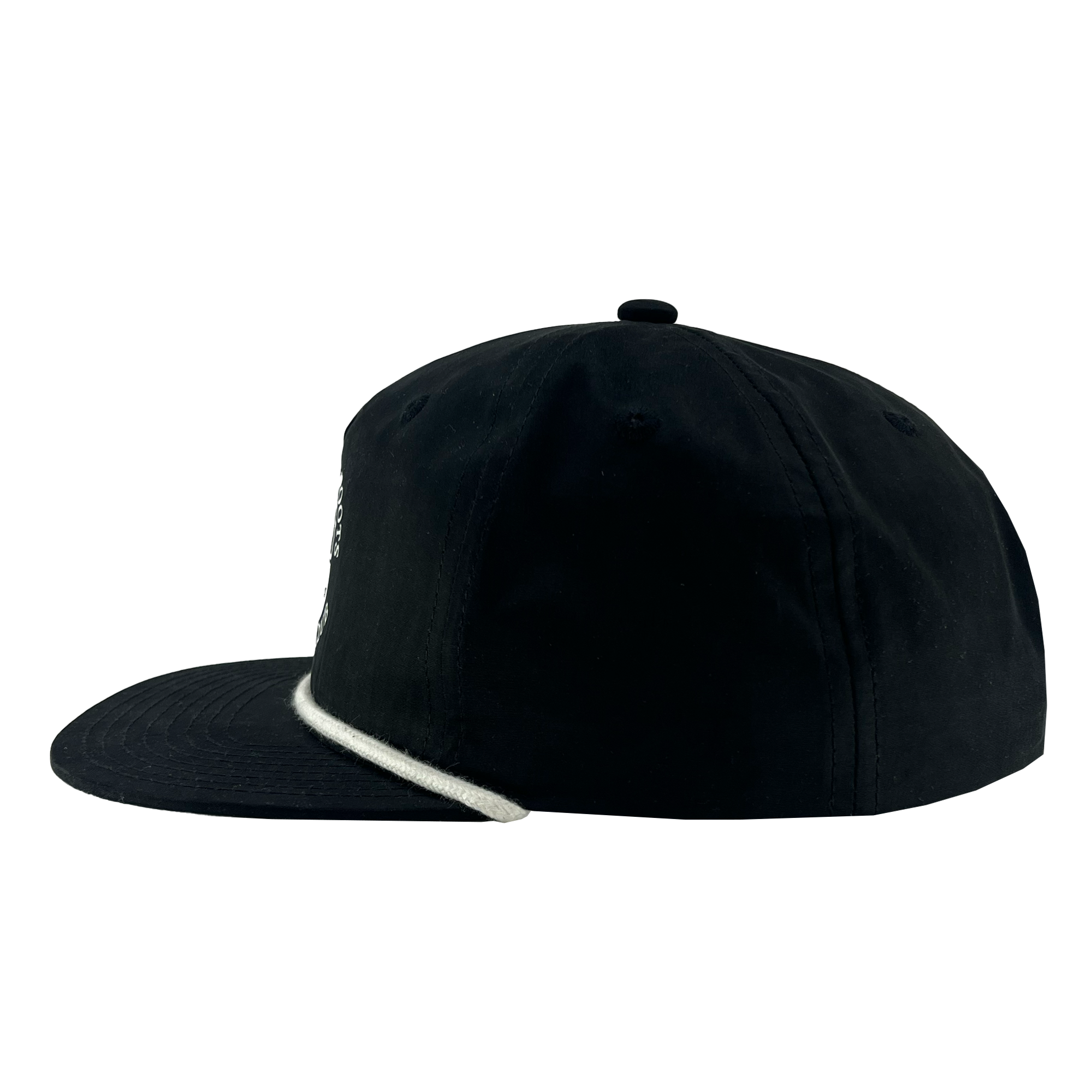 The Heritage Cap by Oakland Roots SC is a black baseball cap with a flat brim and white piping along the edge. It features a round, button-like accent on top and stitched ventilation eyelets on the crown. "Oakland Roots" is embroidered in small white text on the side, celebrating your favorite sports club. The brim has a subtle curve to it.