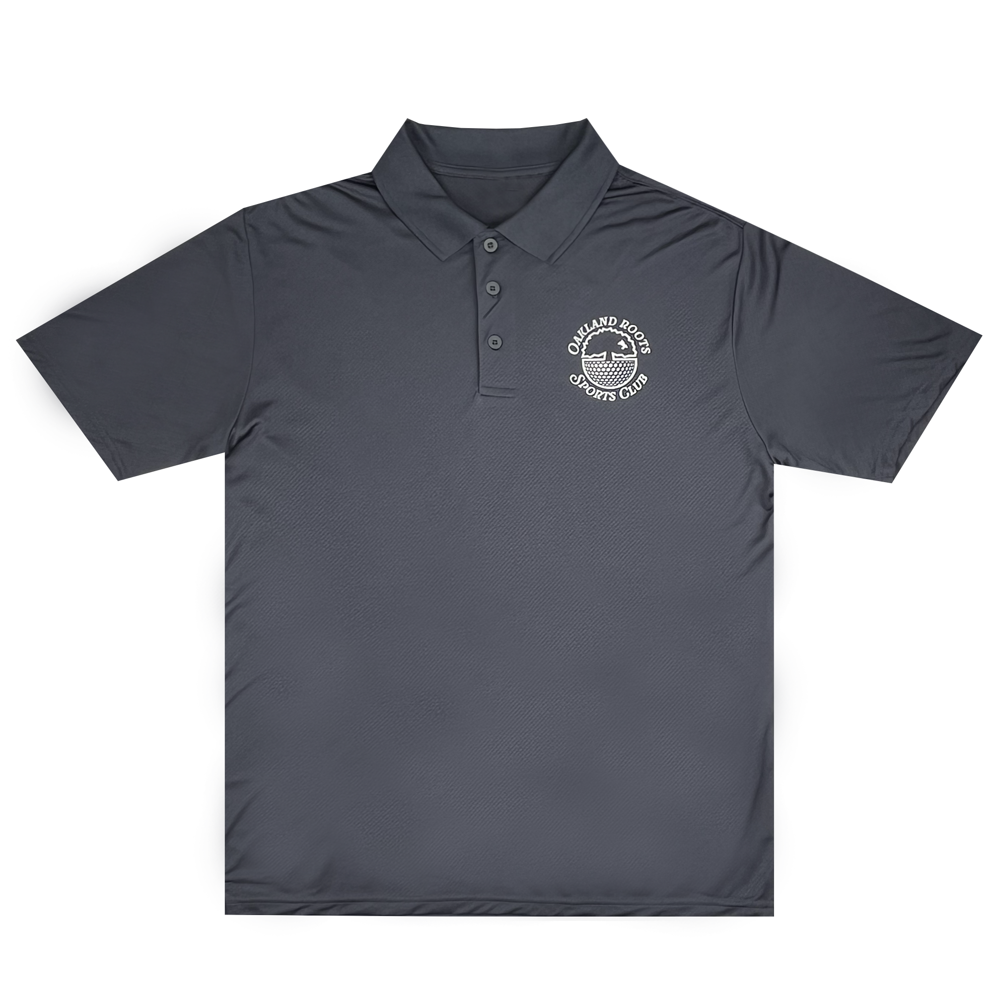 A dark gray Heritage Polo from Oakland Roots SC with a collar and three buttons. This stylish polo features a small, circular white logo on the left chest area that reads "OAKLAND RIVER SPORTS CLUB" and encircles a graphic of a paddle and waves.