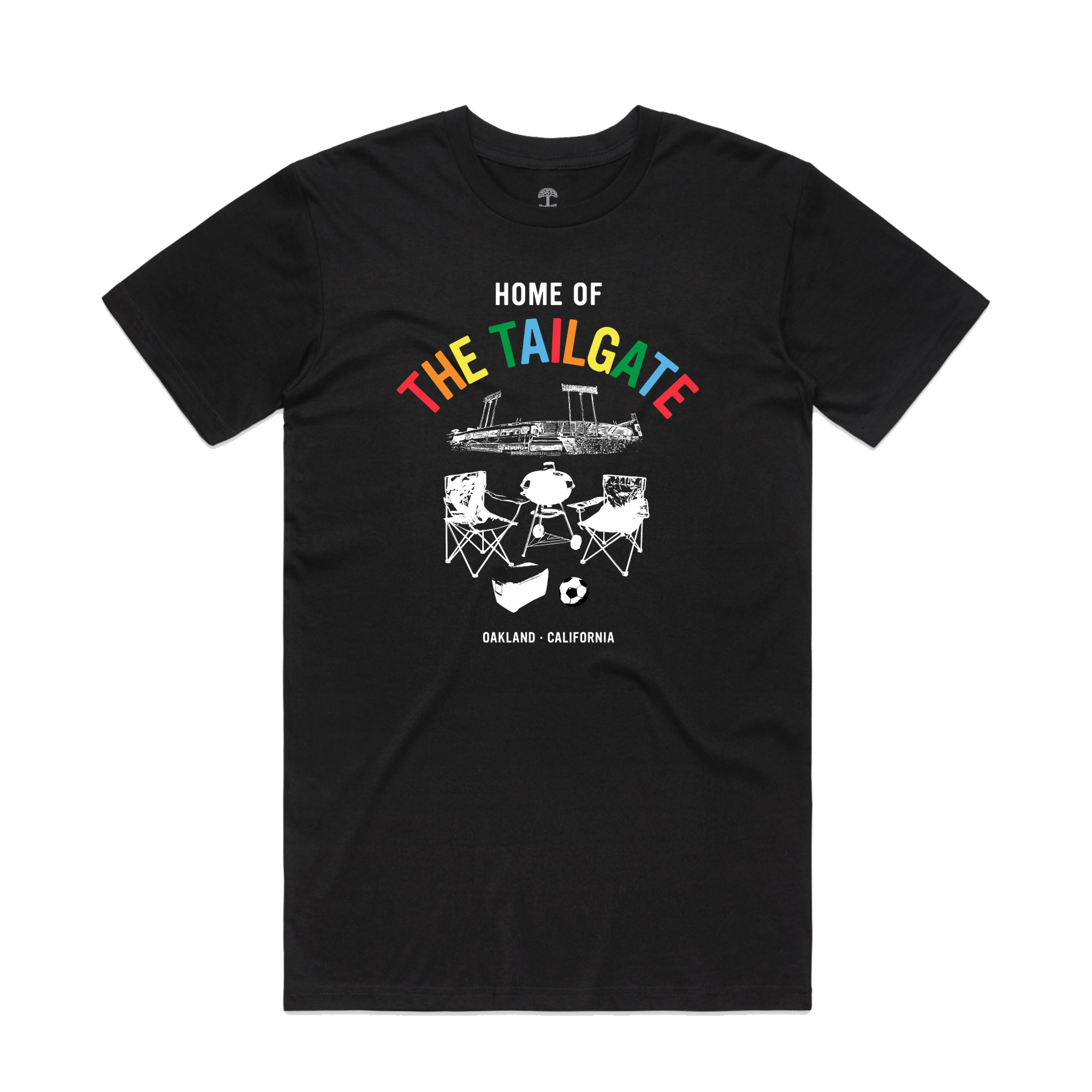 The Home of the Tailgate Tee by Oaklandish is a black 100% cotton men's T-shirt. It features "Home of the Tailgate" in multicolored letters, above a white tailgate scene graphic with chairs, a grill, and a stadium. Below it reads "Oakland, California" in white letters.