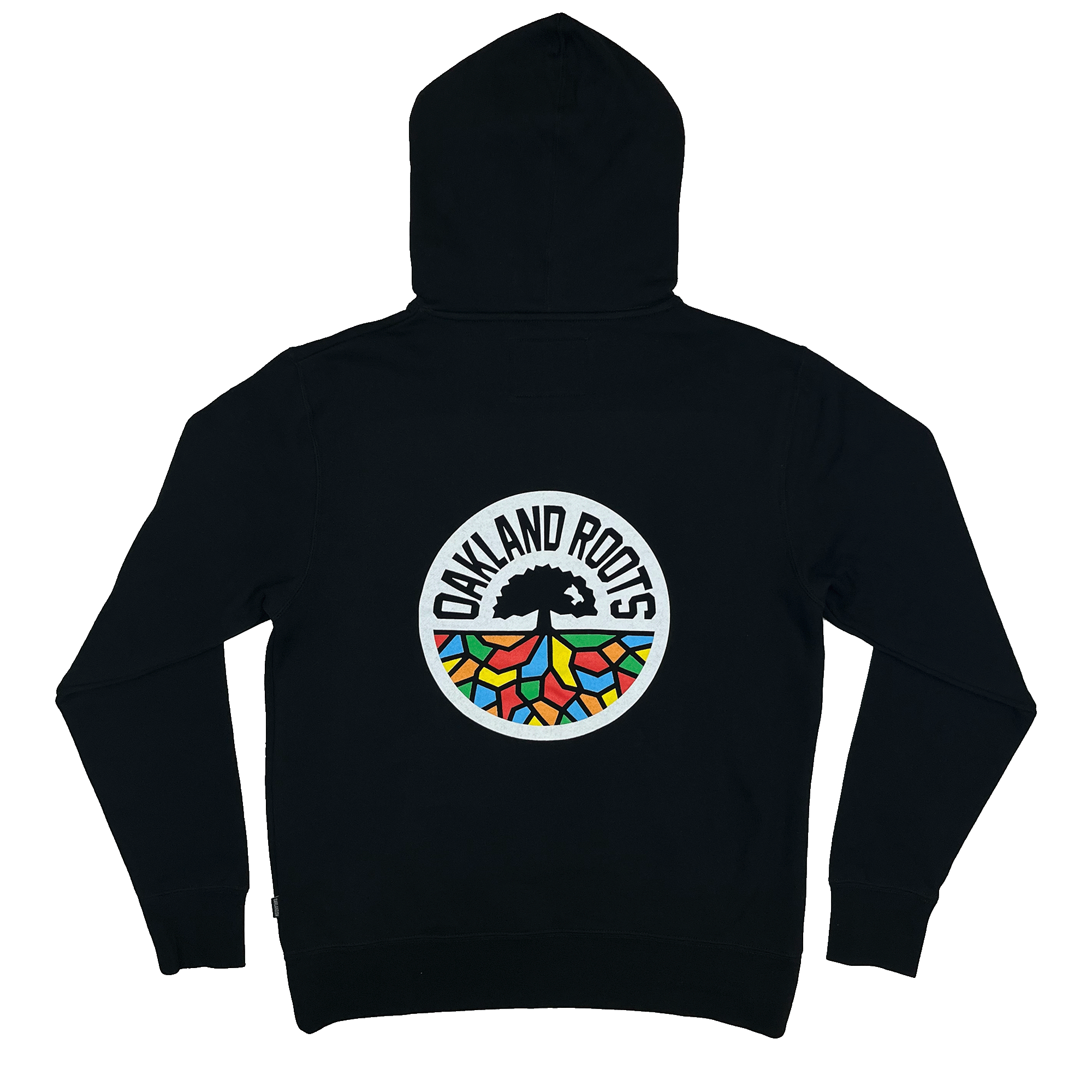 The Oakland Roots SC Logo 2.0 Hoodie by Oakland Roots SC features the text "OAKLAND ROOTS" in white encircling a circular logo on the back, which includes a tree and vibrant geometric shapes that resemble roots or stained glass. This pullover hoodie from Oaklandish comes with a front zipper, long sleeves, and a drawstring hood, making it perfect for any fan of the Oakland Roots Sports Club.