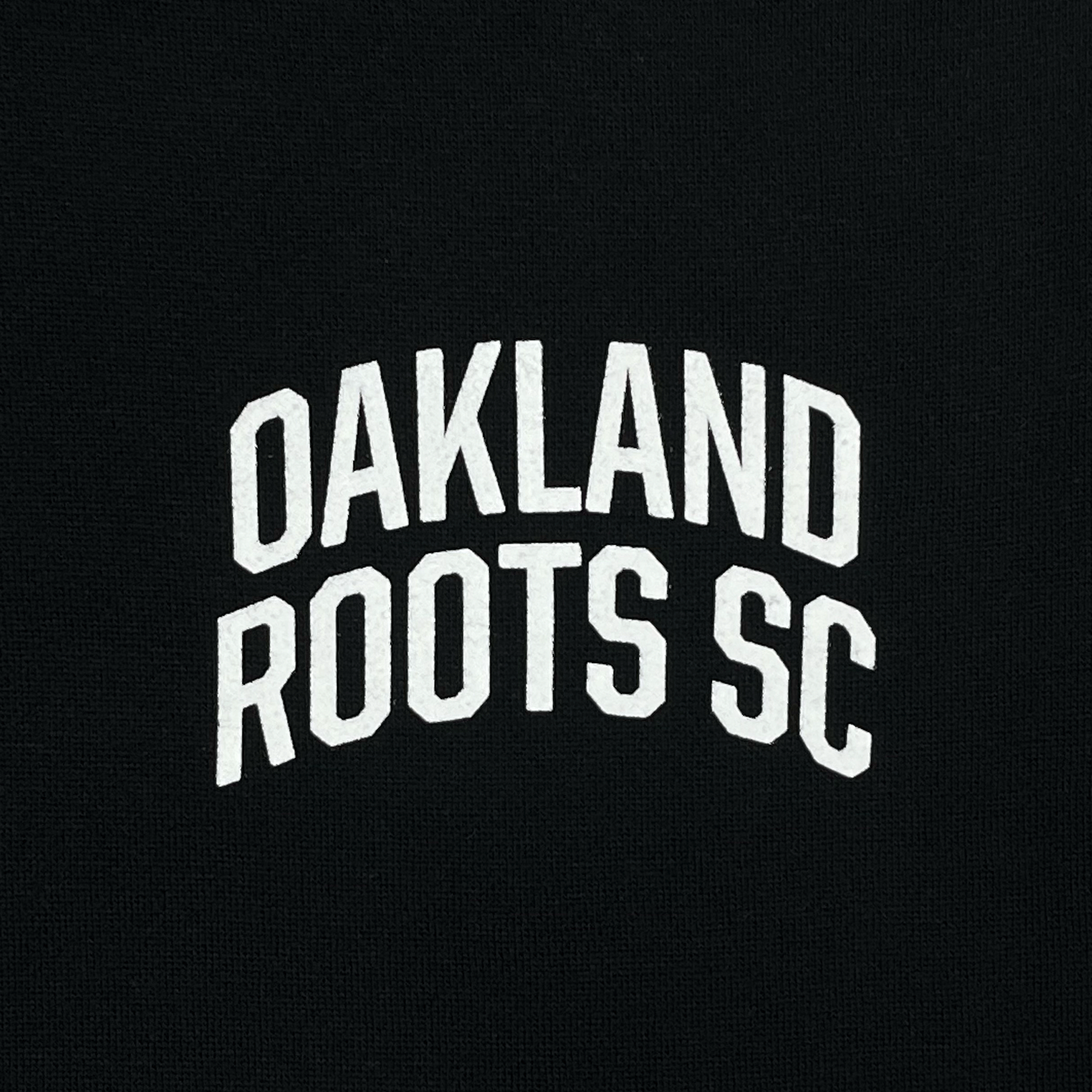 White text on a black background reads "Oakland Roots SC Logo 2.0 Hoodie" in an arched, bold, sans-serif font, capturing the spirit of Oakland Roots SC.