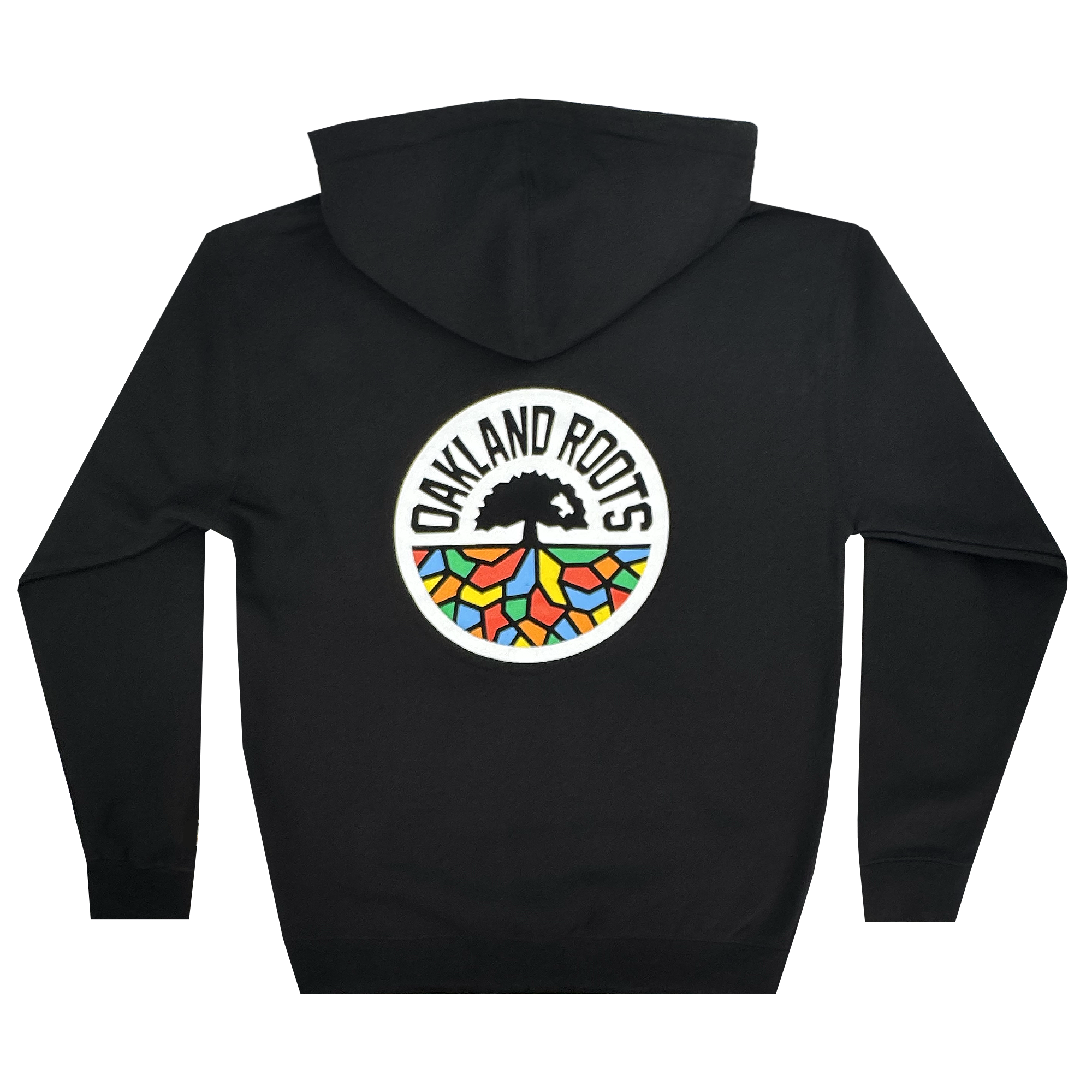 Experience the vibrant spirit of Oakland Roots SC with their Classic Zip Hoodie. This black hoodie features the iconic logo on the back—a stylized black-and-white tree encircled by colorful mosaic patterns, representing this community-driven sports club. Bold "OAKLAND ROOTS" lettering completes the design.