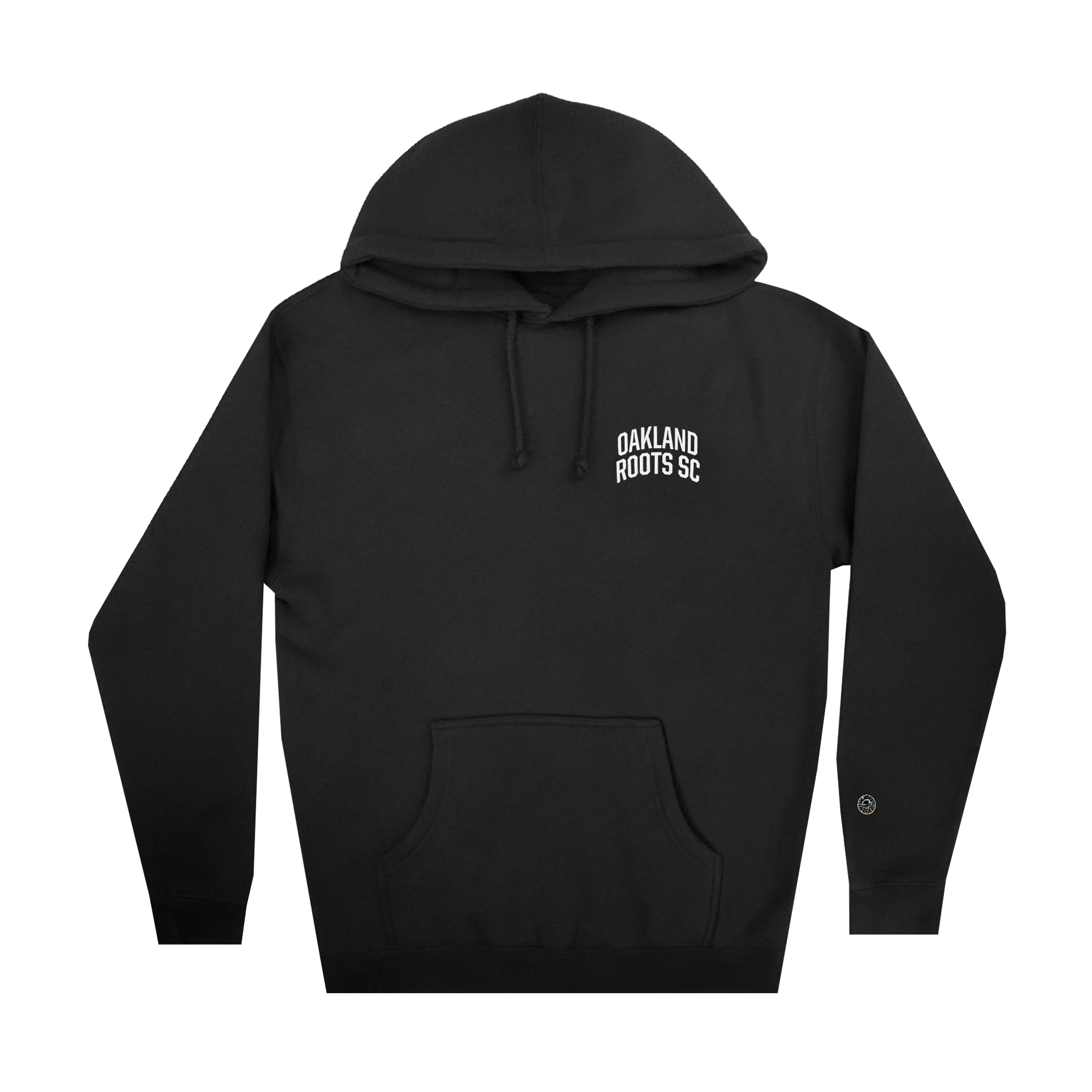 The Oakland Roots SC Classic Hoodie by Oakland Roots SC features a black color, front pocket, drawstring hood, and "Oakland Roots SC" printed in white on the left chest. It's perfect for merging style with your favorite sports club vibe during casual outings or cheering at games.