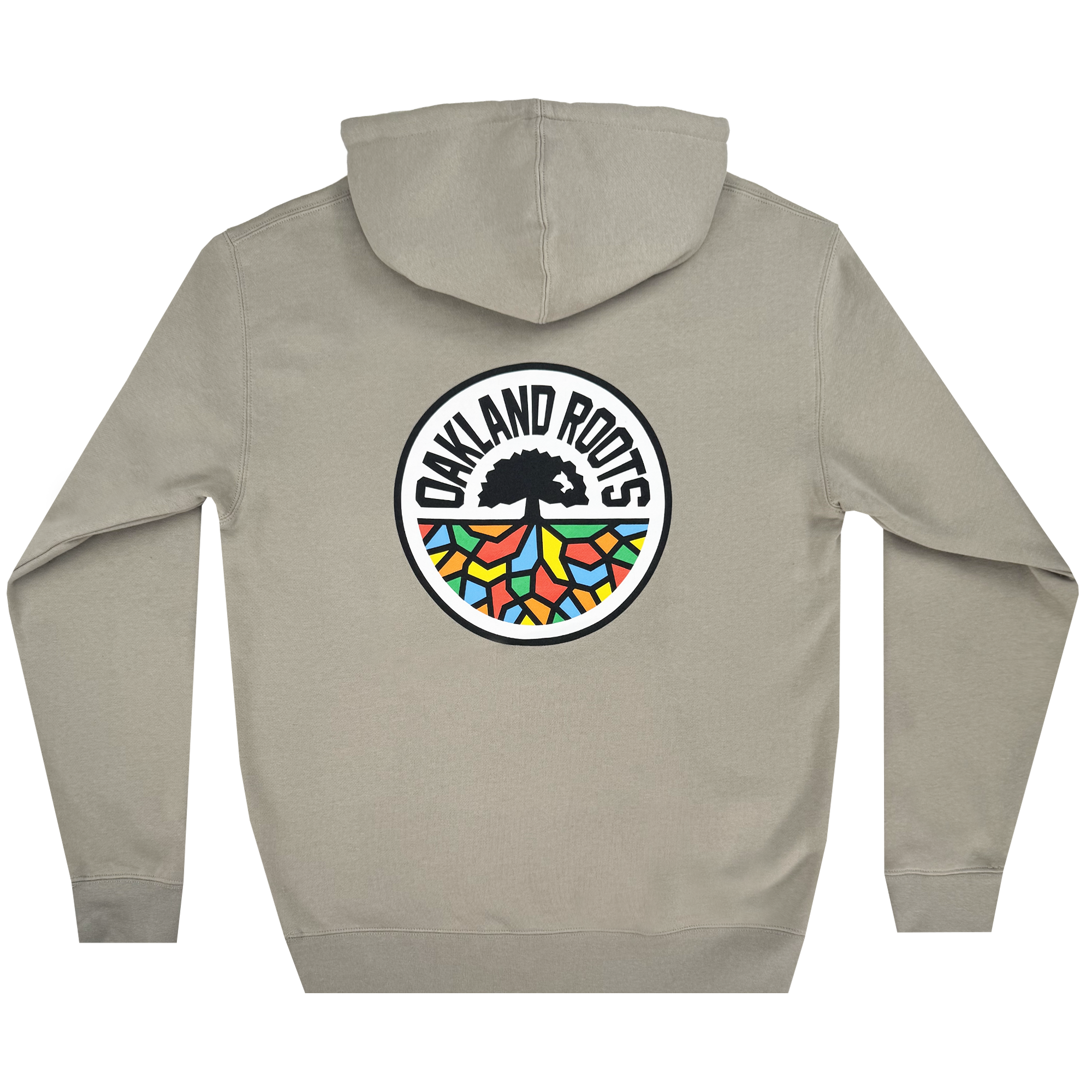 The Oakland Roots SC Classic Hoodie by Oakland Roots SC is a beige sweatshirt with a colorful back emblem displaying a black tree and multicolored roots in green, orange, blue, and red. The words "OAKLAND ROOTS" encircle the design.