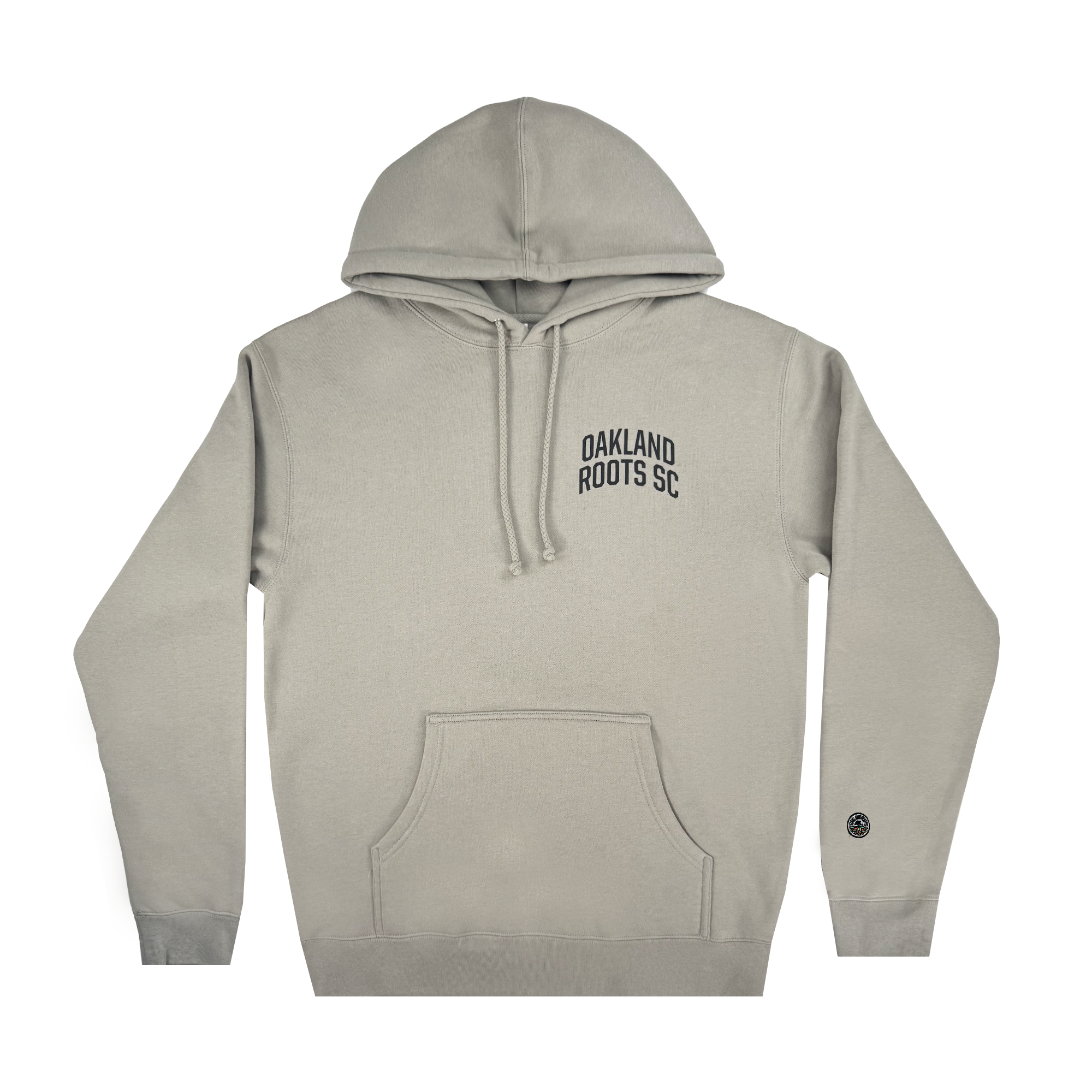 The Oakland Roots SC Classic Hoodie by Oakland Roots SC showcases a light gray design with a front pocket and drawstring hood, "Oakland Roots SC" on the left chest, and a small circular black patch on the lower right sleeve, combining Soul style with comfort.