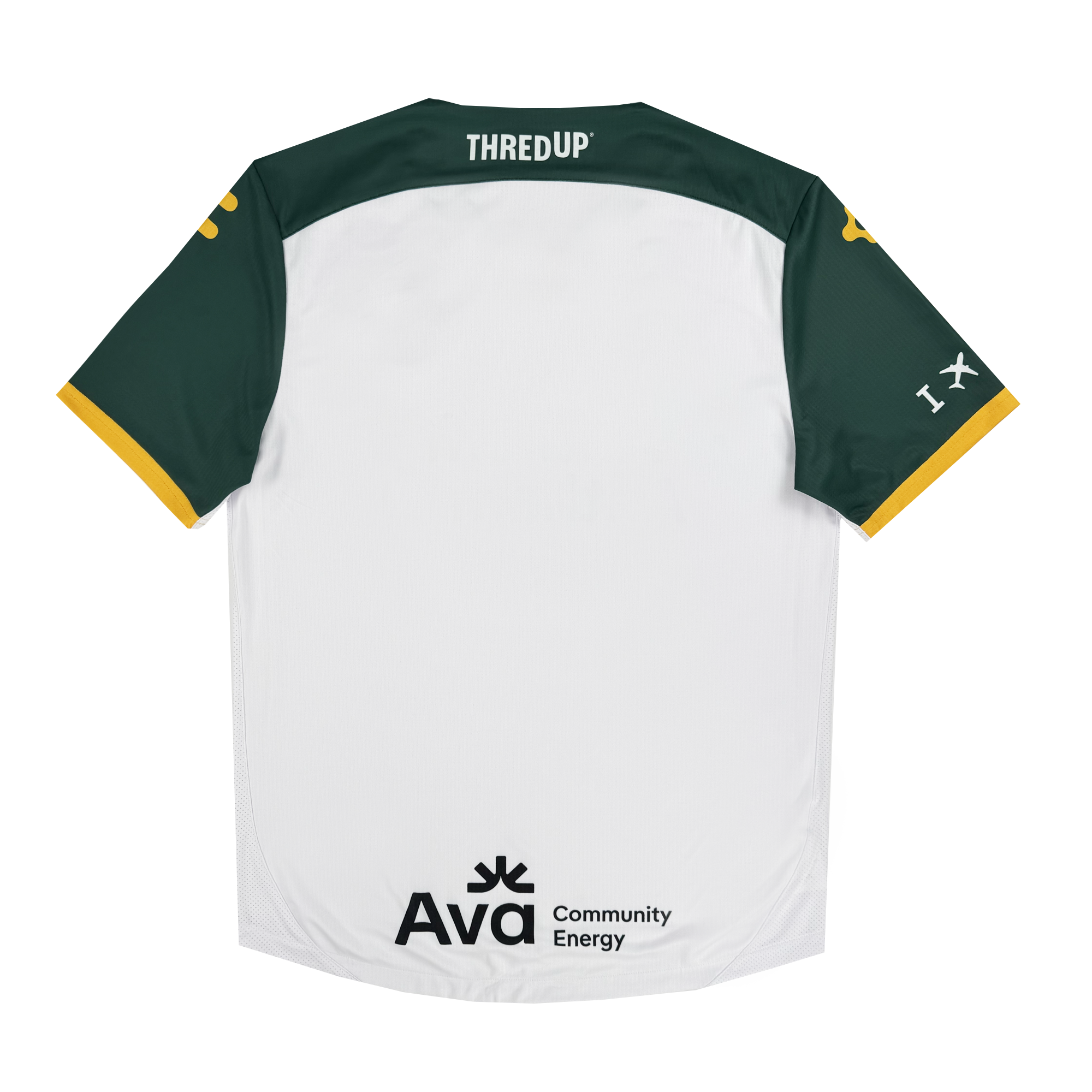 The image displays the back of a white Unisex Oakland Roots SC 2025 Second Kit with dark green shoulders, yellow sleeve accents, and "THREDUP" at the top. It features "Ava Community Energy" at the bottom and captures Oakland Roots SC's vibrant spirit.