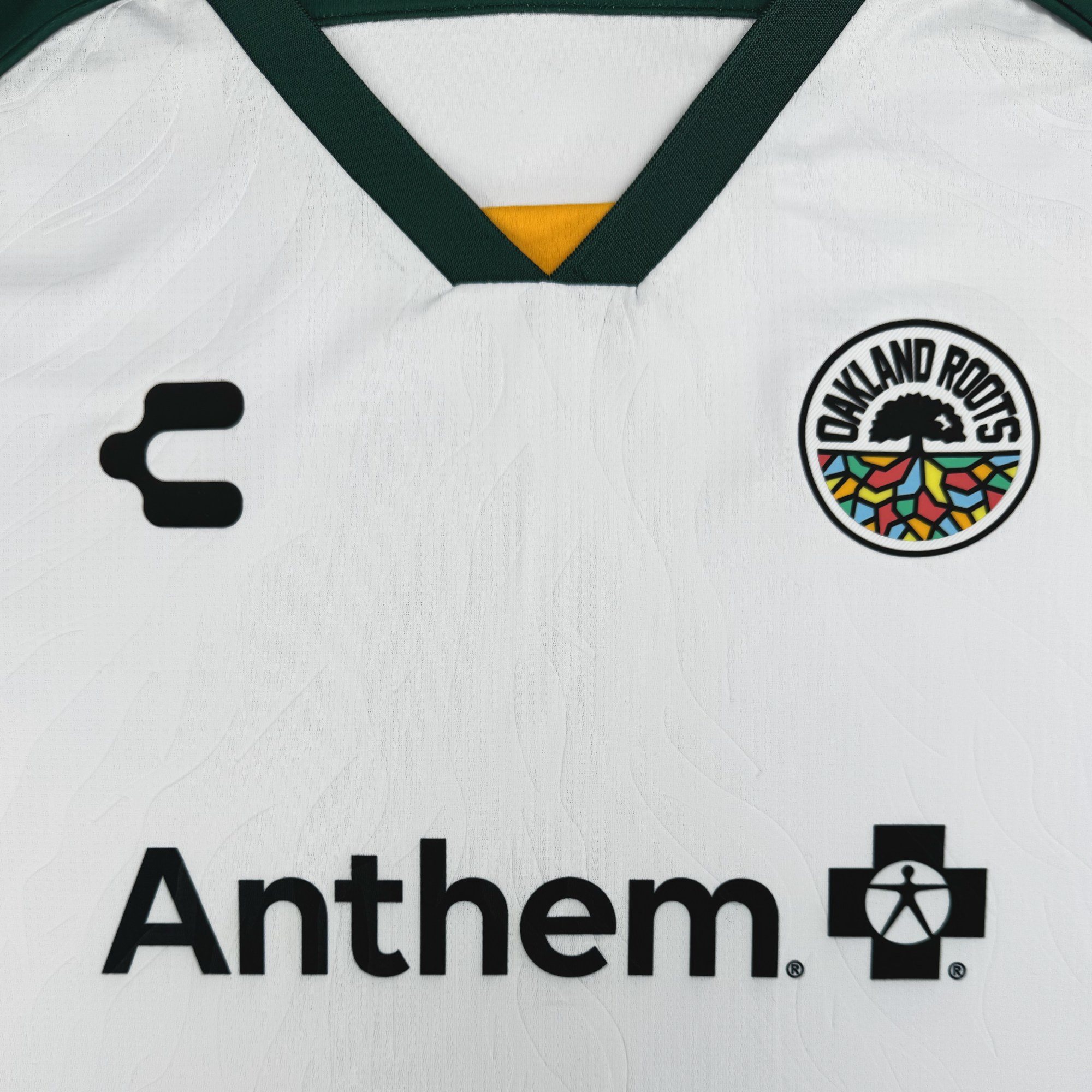 Close-up of the Unisex Oakland Roots SC 2025 Second Kit, featuring a white jersey with the team’s iconic logo and rainbow-colored tree on the right chest. The Anthem Blue Cross "C" emblem is on the left chest. A green collar with yellow trim honors Oakland sports history.