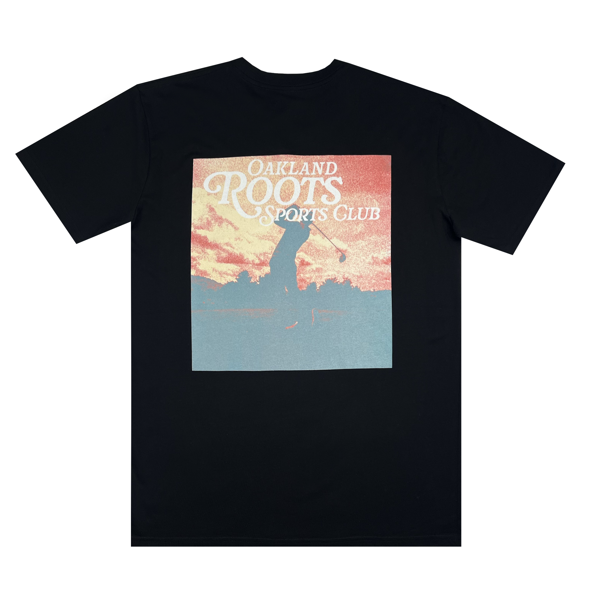 The Legacy Golf Tee by Oakland Roots SC is a black t-shirt featuring a square graphic on the back. The graphic depicts a sunset with orange, red, and yellow hues, showing a person playing golf. The text "OAKLAND ROOTS SPORTS CLUB" is printed in white with a retro font at the top of the graphic, showcasing Oakland Roots' commitment to social good.