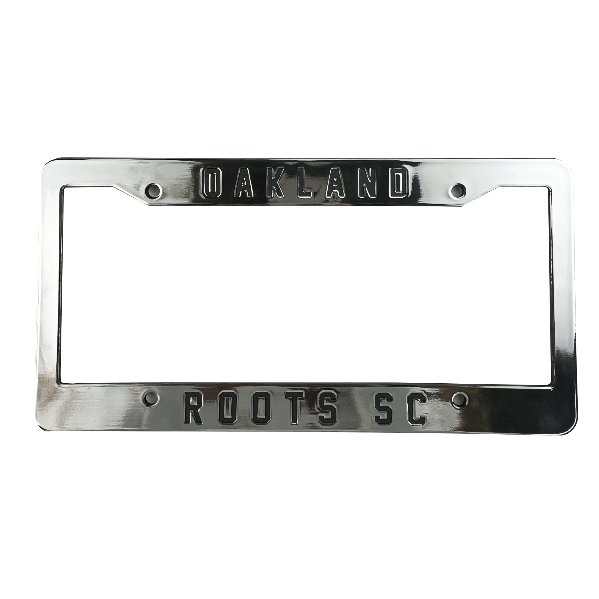 The Oakland Roots SC License Plate Frame by Oakland Roots SC is a rectangular metal frame with a shiny, chrome finish. The top section displays "OAKLAND ROOTS" in black, capital letters, while the bottom reads "SPORTS CLUB," also in black uppercase letters. Designed to support social good, it includes four holes for mounting at the corners.