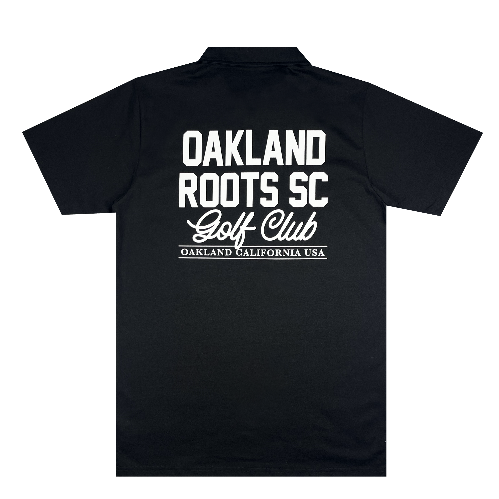 The Members Only Polo by Oakland Roots SC is a black short-sleeve shirt featuring bold white text on the back. The text reads "OAKLAND ROOTS SC Golf Club" with "OAKLAND CALIFORNIA USA" in smaller text below. This classic collar shirt with a buttoned front placket showcases your support for a sports club dedicated to social good.