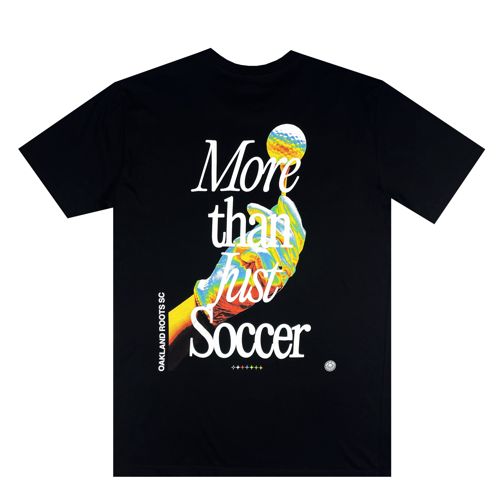 The More Than Soccer Tee is a black t-shirt from Oakland Roots SC, showcasing a vibrant, stylized depiction of a person performing a bicycle kick with a soccer ball. The shirt features the phrase "More than just Soccer" in prominent white, bold lettering. Additionally, "OAKLAND ROOTS SC" is printed vertically along the left side of the image. This Oaklandish Classic fit t-shirt proudly supports social good and community spirit through sports.