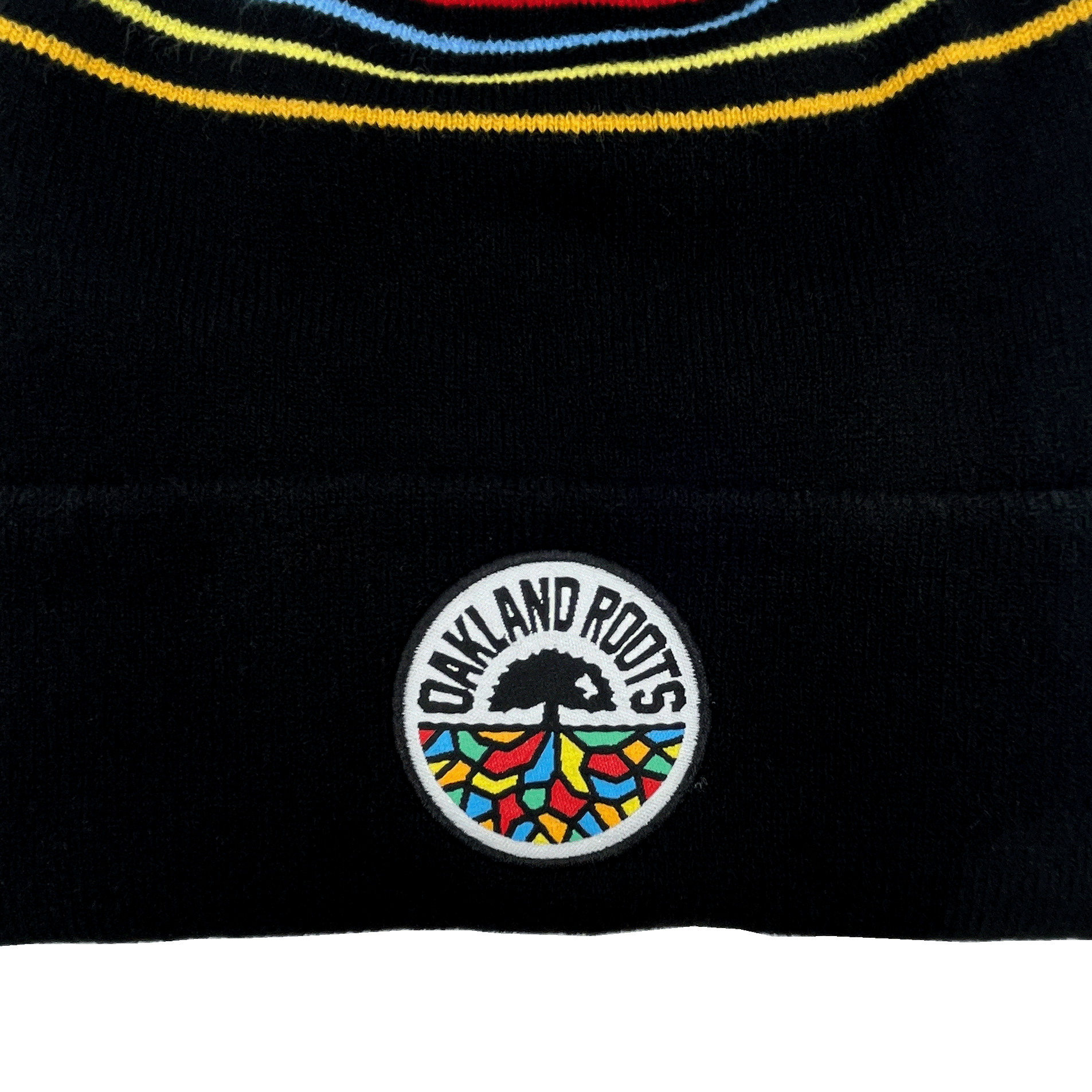 The Oakland Roots SC Pom Beanie, by Oakland Roots SC, is a stylish black beanie showcasing the team's emblem. The circular patch highlights "OAKLAND ROOTS" encircling a vibrant tree with colorful roots, representing diversity, community, and social good. The logo is prominently stitched on the front of the beanie, making it perfect for any Sports Club enthusiast.