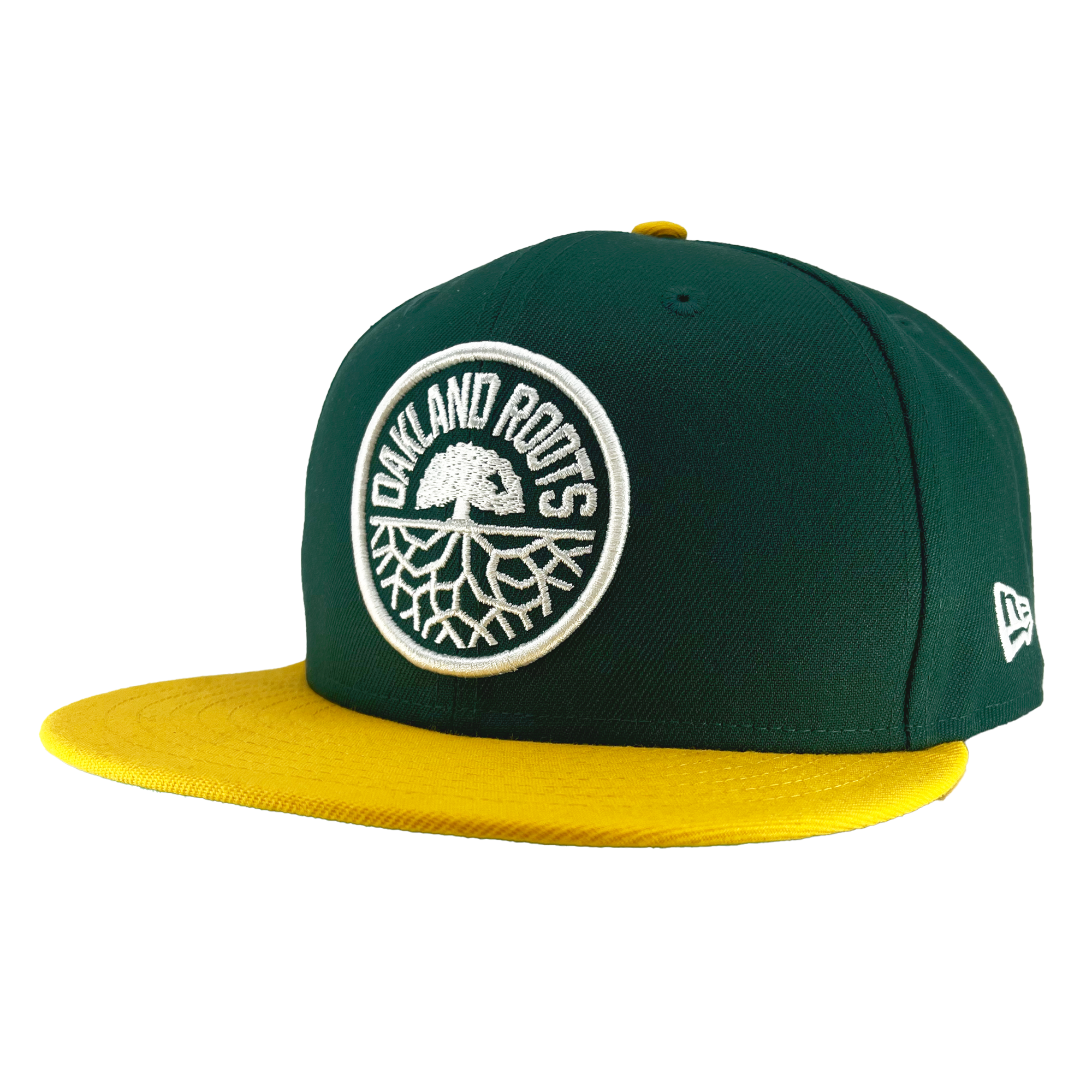 Introducing the New Era Oakland Roots SC 9FIFTY Cap by Oakland Roots SC: A stylish green cap features a yellow flat brim and a circular white and green embroidered logo that reads "OAKLAND ROOTS" around the edge, showcasing a tree and roots design in the center. Perfect for any Sports Club fan, this cap also includes an embroidered New Era logo in white on the left side.