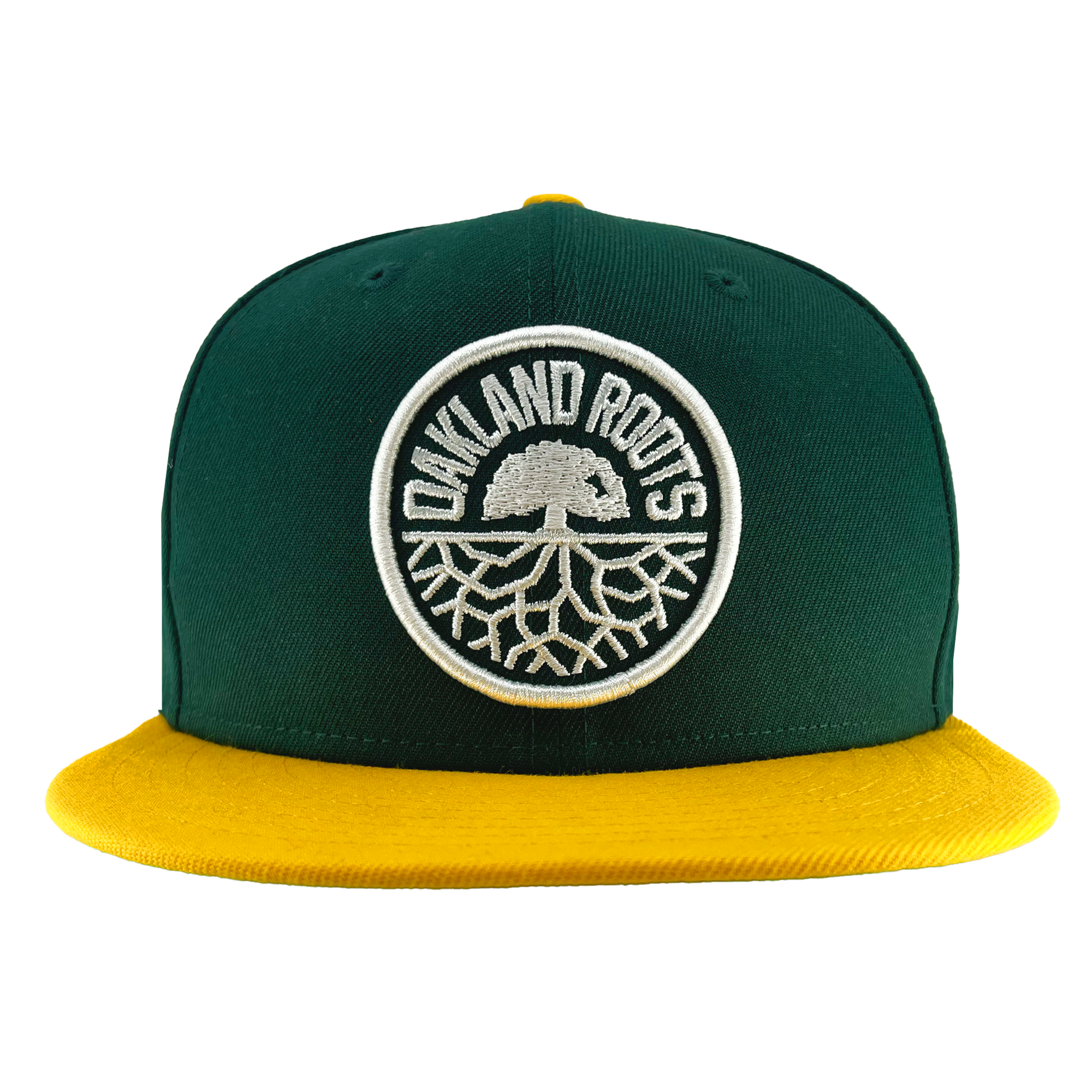 The New Era Oakland Roots SC 9FIFTY Cap by Oakland Roots SC is a green cap with a yellow flat brim and a structured crown. It features a white embroidered patch on the front, which displays a tree with roots encircled by the text "OAKLAND ROOTS," symbolizing the vibrant spirit of the sports club.