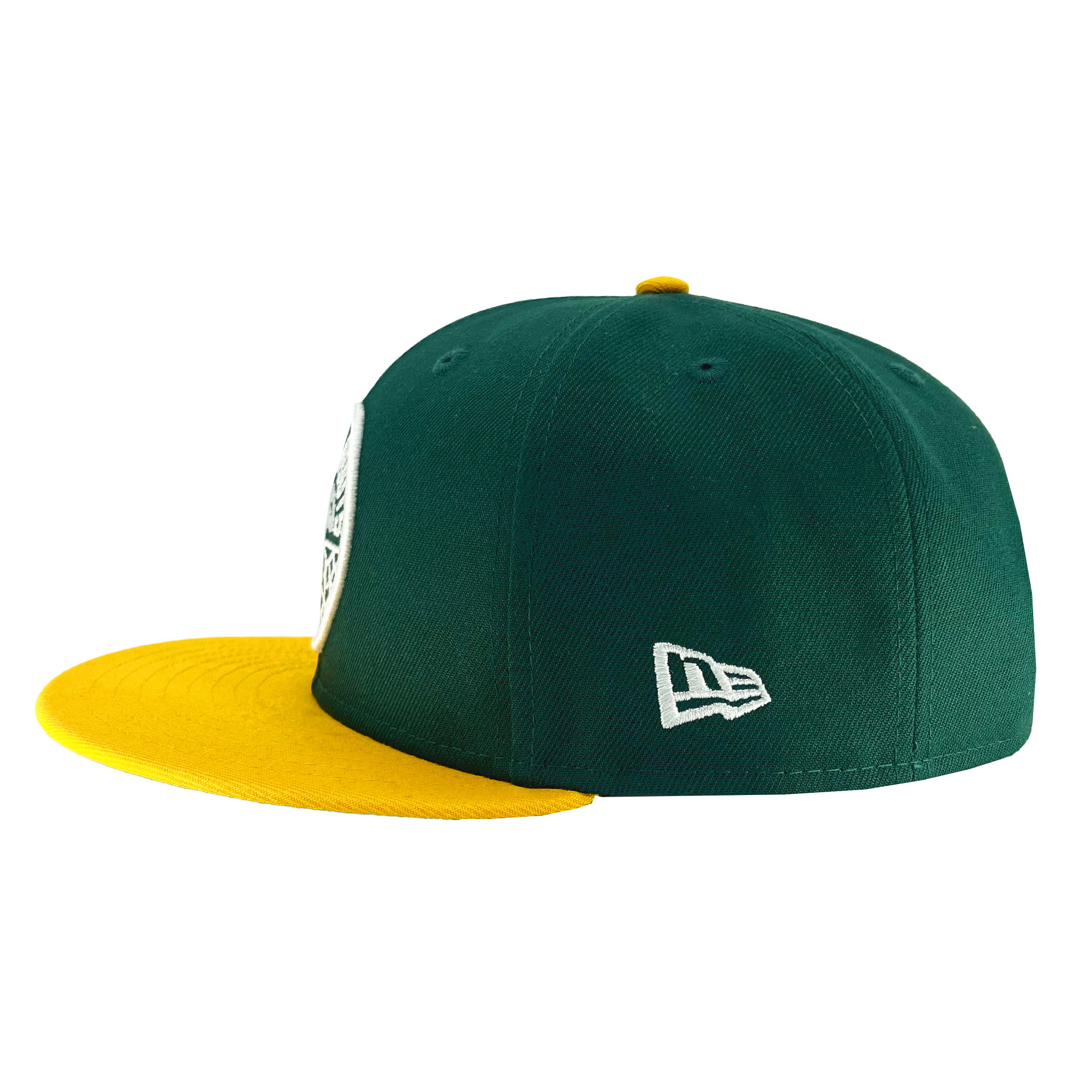 A New Era Oakland Roots SC 9FIFTY Cap is shown in a side view with a green crown and a yellow brim and top button. It features a white logo near the brim and the iconic New Era flag logo on the opposite side. The cap is plain with no additional design elements, and the inside of the brim is also yellow, making it perfect for Oakland Roots fans.