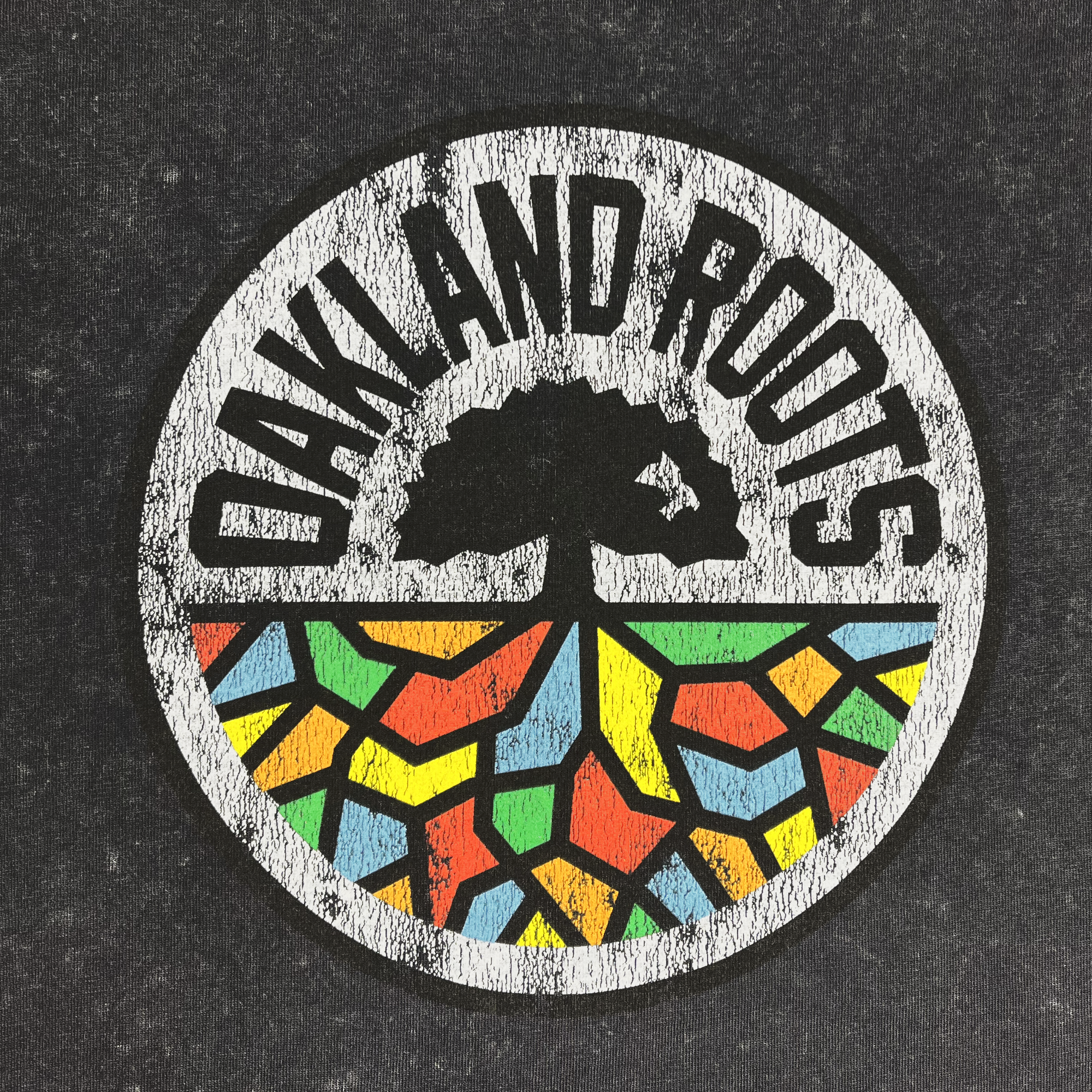 The Oakland Roots SC Classic Heavy Stone Wash Tee showcases a circular logo with a textured black background and the words "OAKLAND ROOTS" encircling a tree silhouette. Beneath the tree, vibrant roots in jagged shapes of green, yellow, red, and blue symbolize connection and diversity while promoting social good.