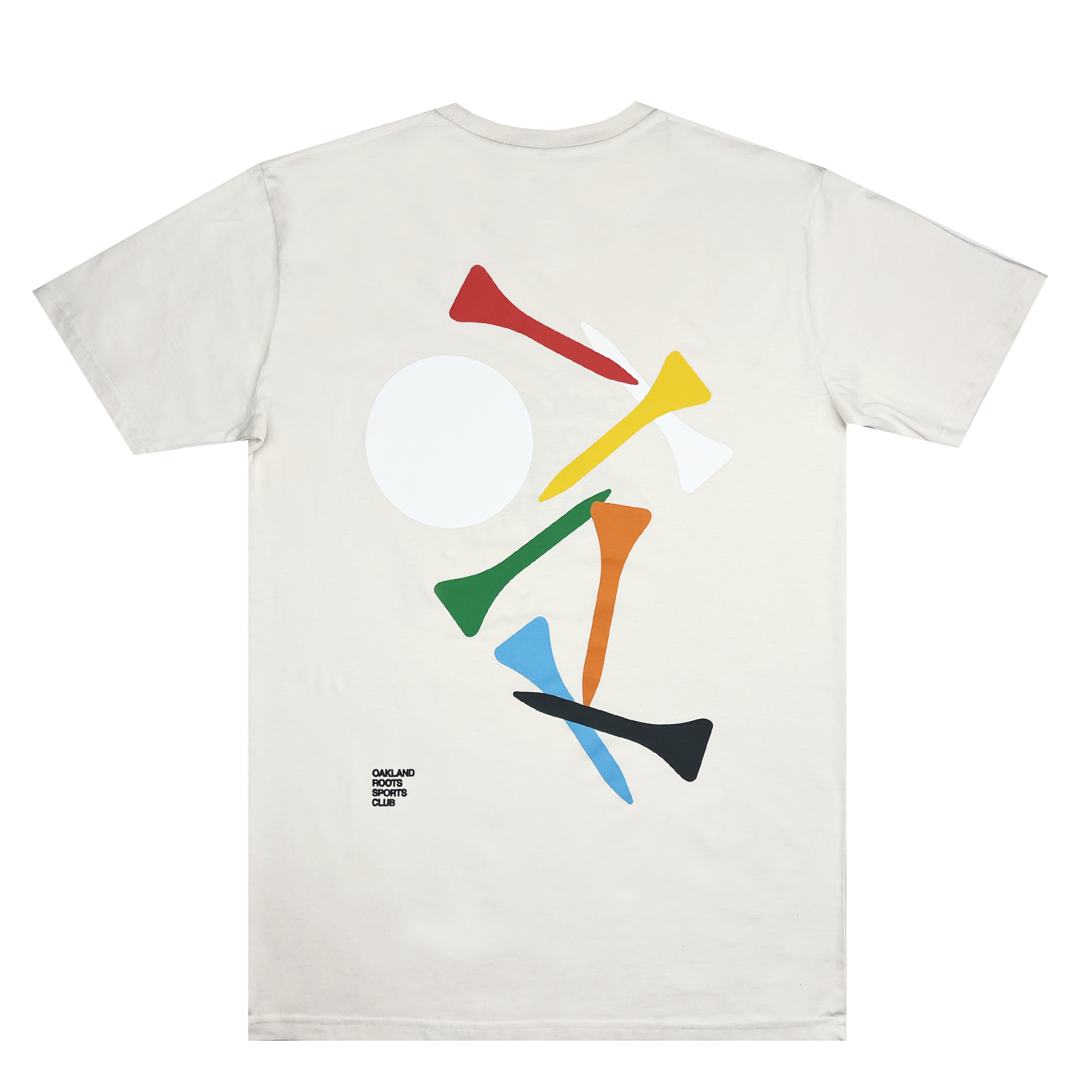 The Oakland Roots SC Tee Time Tee is a beige, classic-fit t-shirt featuring a minimalist design with five abstract trumpet-like shapes in red, yellow, green, black, and blue arranged above a white circle. Small black text reading "OPEN AND CREATE EXCHANGE CLUB" is positioned at the bottom left of the shirt’s plain white background.