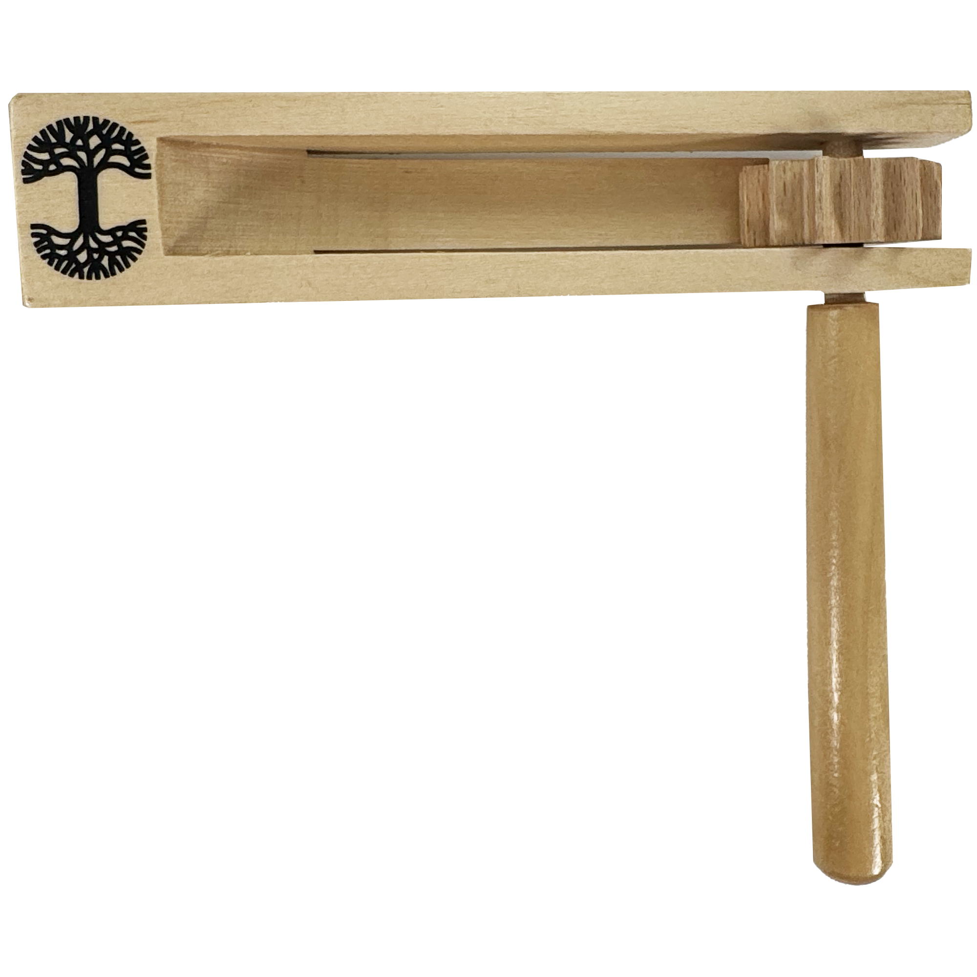 The Oakland Roots SC Matraca by Oakland Roots SC is a wooden noisemaker with a handle and rectangular body. It features a carved tree design and produces sound when spun. Crafted from light-colored wood, it's perfect for any fan's spirited enthusiasm at an Oakland Roots sports club game.