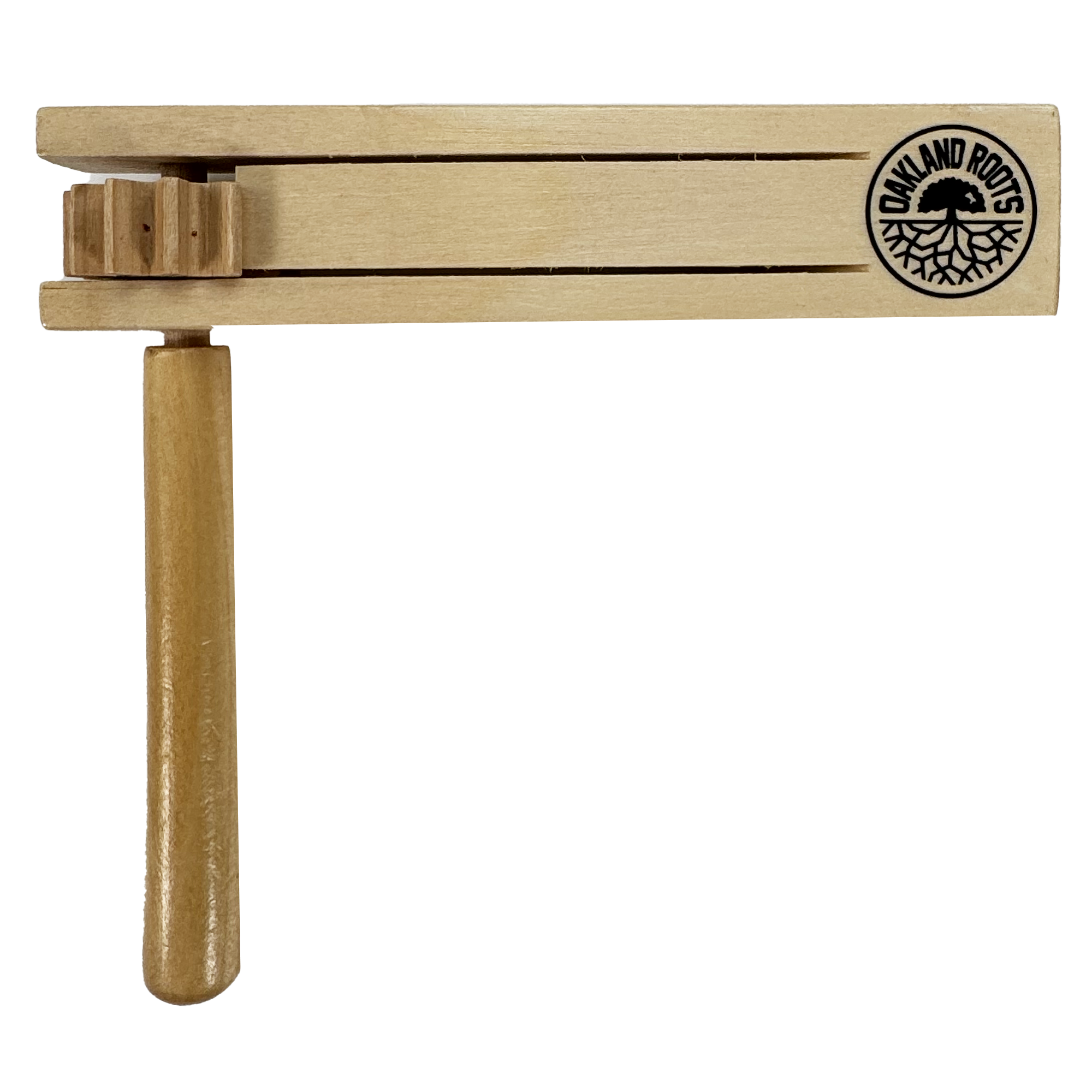 The Oakland Roots SC Matraca is a wooden noisemaker featuring the Oakland Roots SC logo with bold text and a striking tree graphic. It includes a handle, rotating mechanism, two horizontal slats, and gear-like parts for sound, embodying Oakland's spirit.