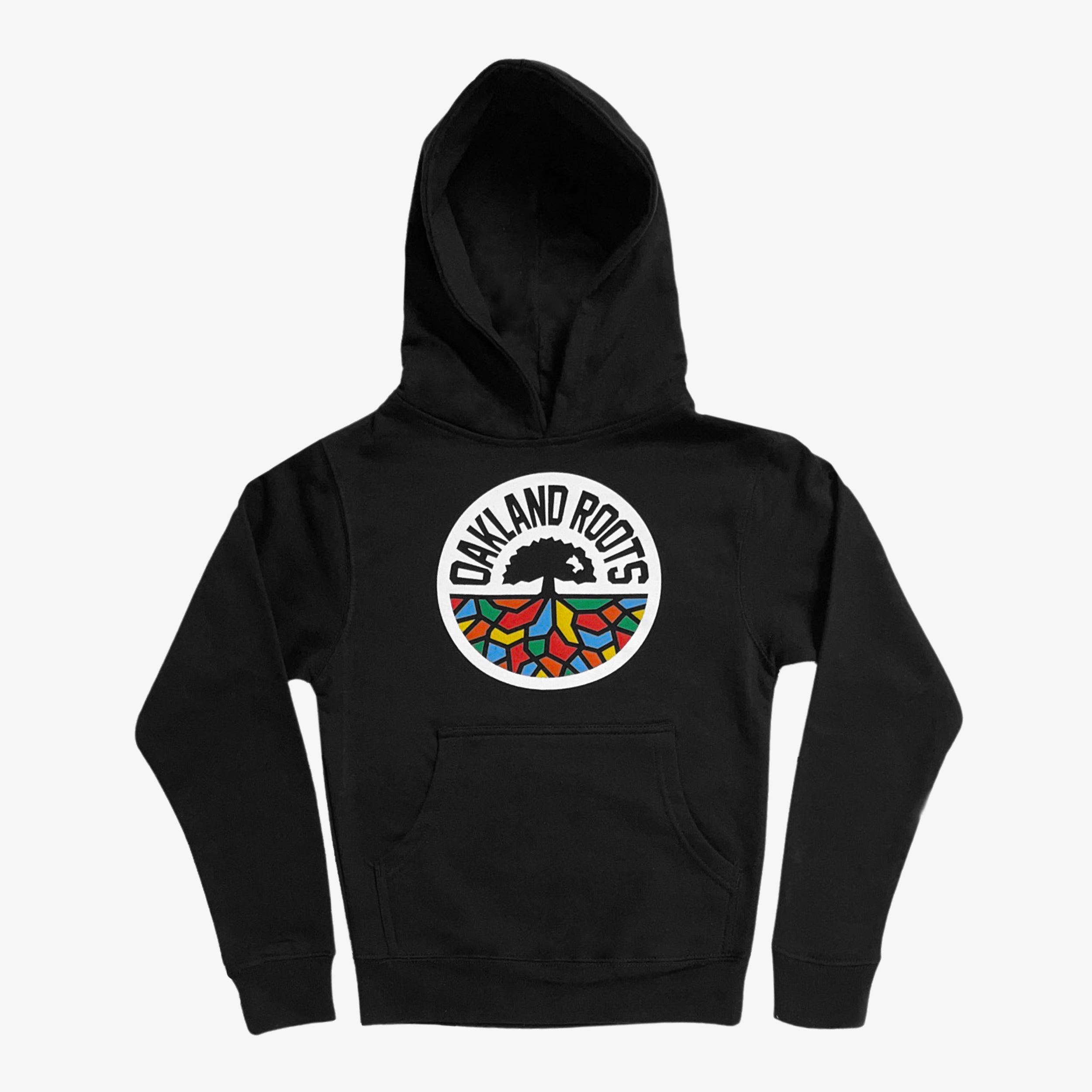 An Oakland Roots SC youth pullover hoodie in black, featuring a front pocket. The hoodie showcases a circular tree logo with vibrant, colorful roots and the text "OAKLAND ROOTS," embodying its Oaklandish design.