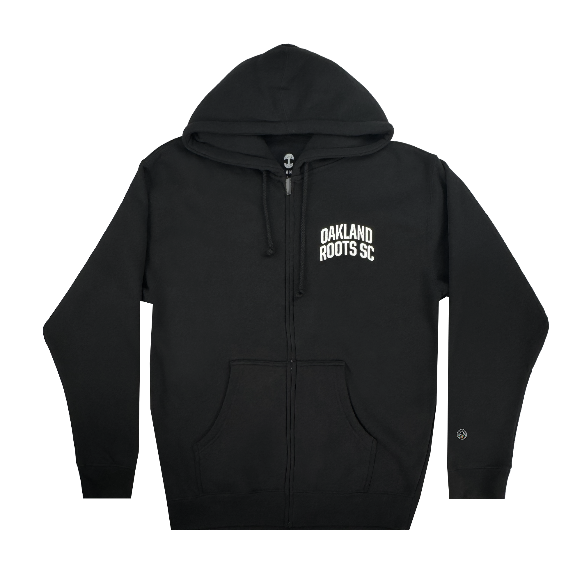 The Oakland Roots SC Classic Zip Hoodie by Oakland Roots SC features a black color with a zip-up design, front pocket, and hood. "OAKLAND ROOTS SC," inspired by the club's social good commitment, is printed in white on the left chest. The hoodie is displayed flat on a plain white background.