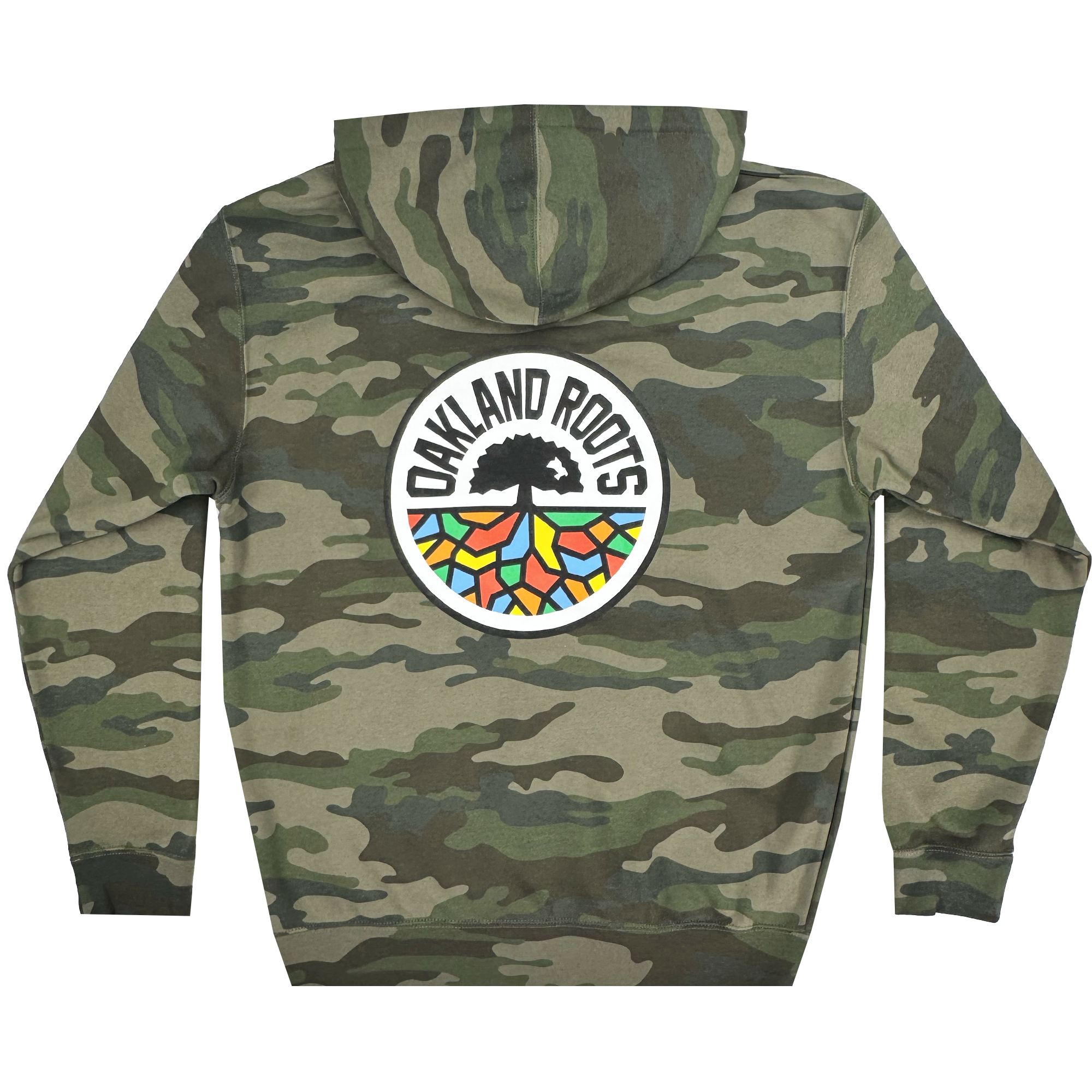 The Oakland Roots SC Classic Zip Hoodie by Oakland Roots SC features a camouflage design with a bold back logo: "OAKLAND ROOTS" encircles a black tree with vibrant roots in green, blue, orange, and red on white. A long-sleeved piece with a drawstring hood combines sports club style and comfort.