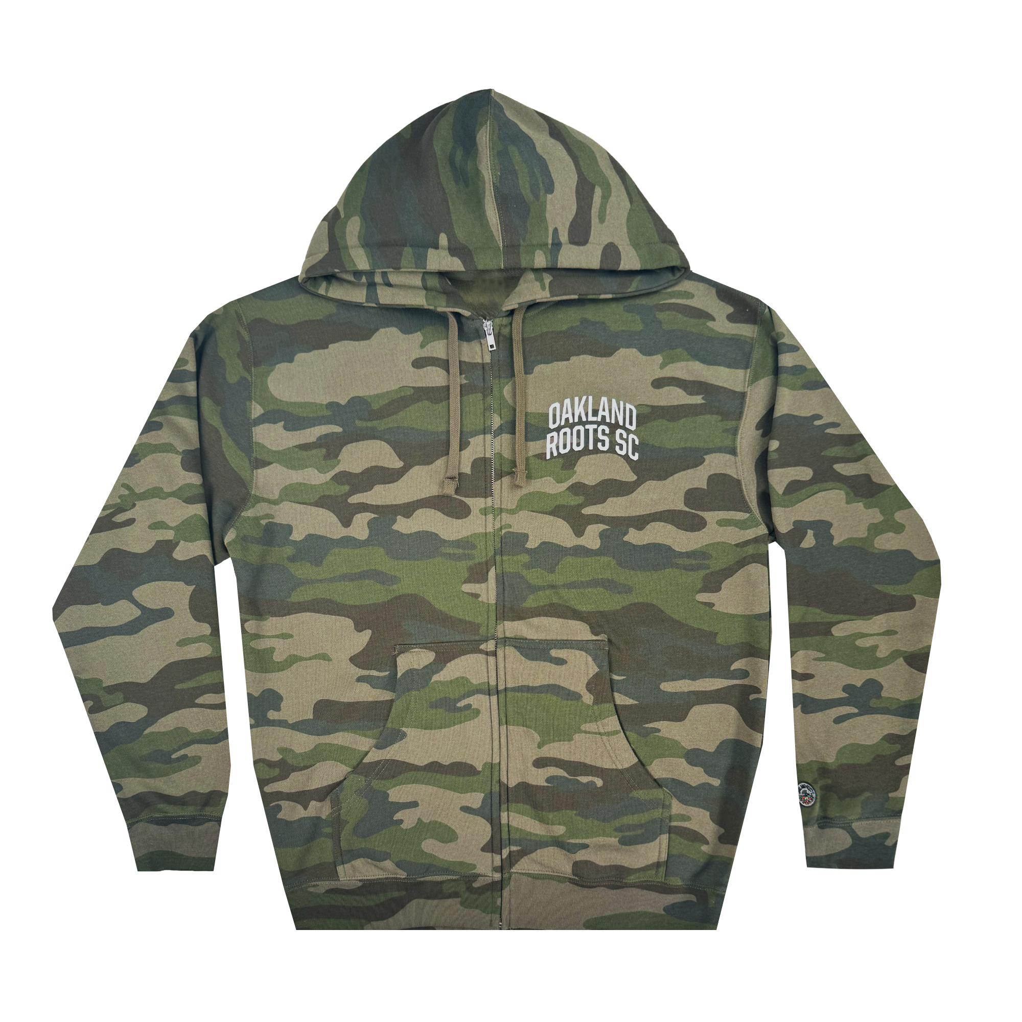 The Oakland Roots SC Classic Zip Hoodie by Oakland Roots SC is a camouflage-patterned zip-up with a hood and long sleeves, featuring woodland shades of green and brown. "OAKLAND ROOTS SC" is printed in white on the left chest, representing the dynamic sports club.